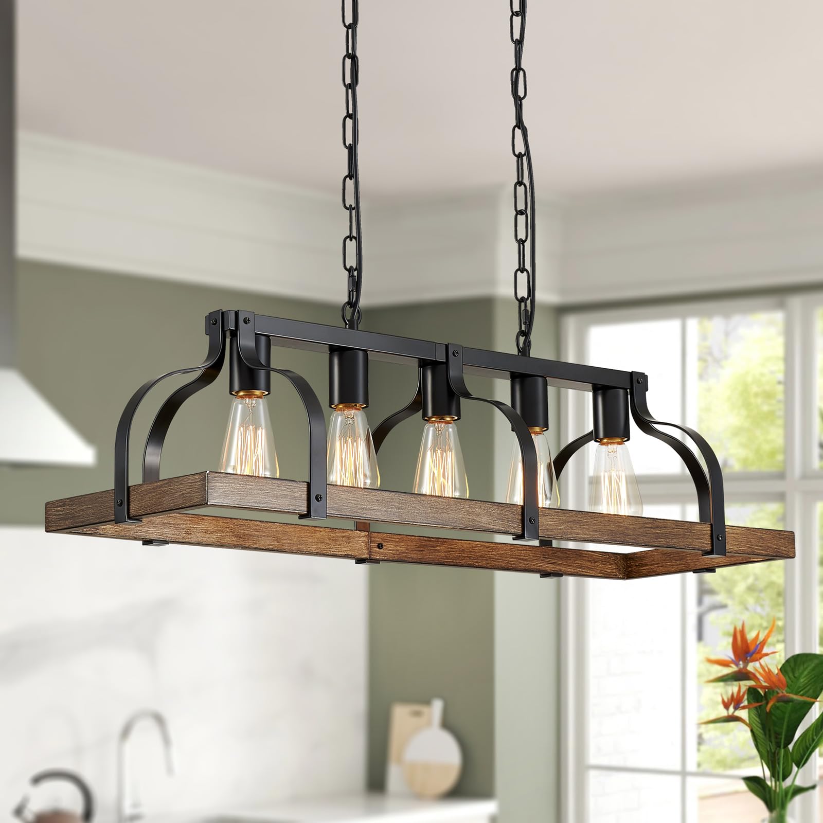 Wuzups 5-Light Rustic Metal Chandelier, Imitation Wood Grain, Black Pendant Lighting For Kitchen & Dining
