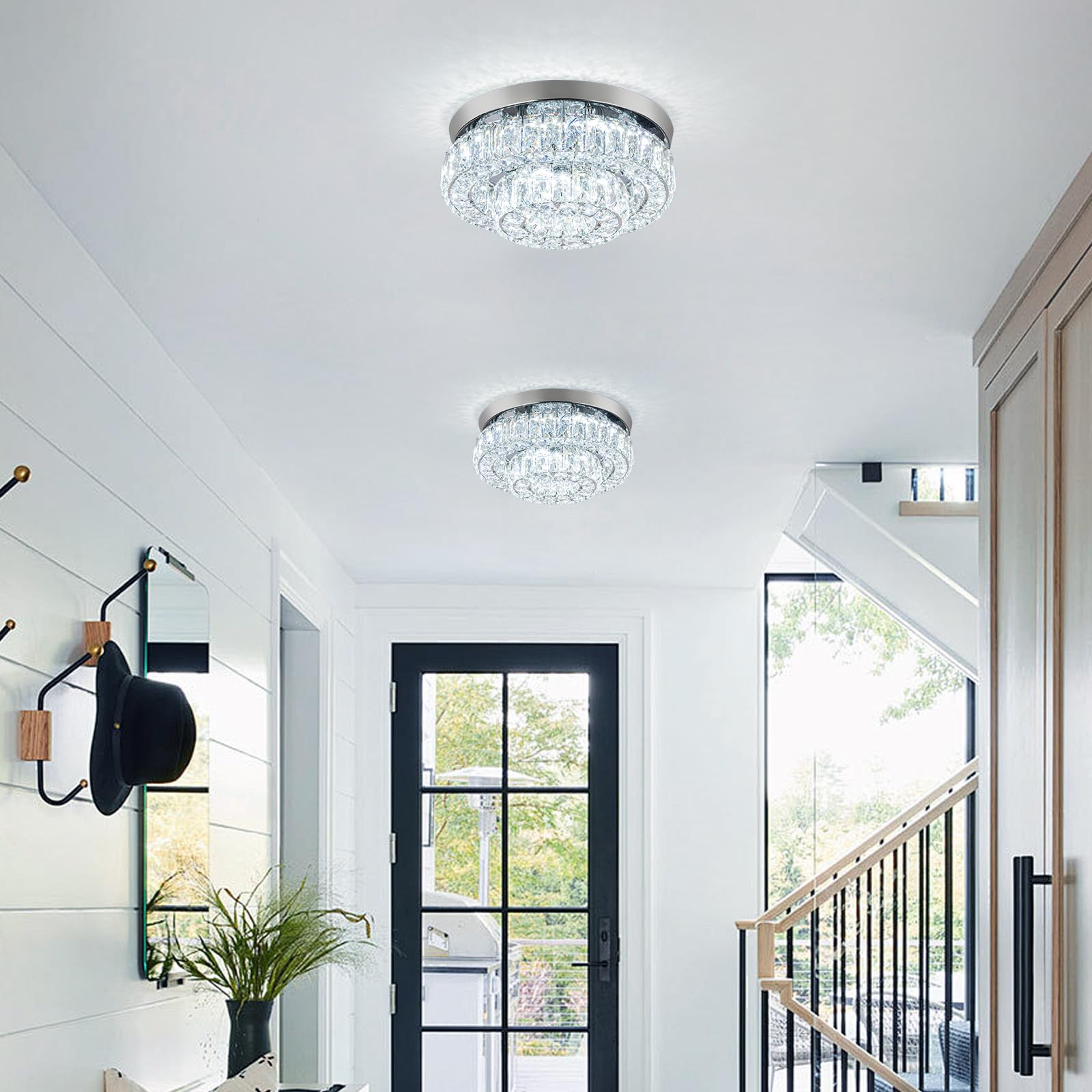 Hongnuofc 12&quot; Crystal Chandelier Led Ceiling Light, 2 Tier Flush Mount, Modern Design, Cool White