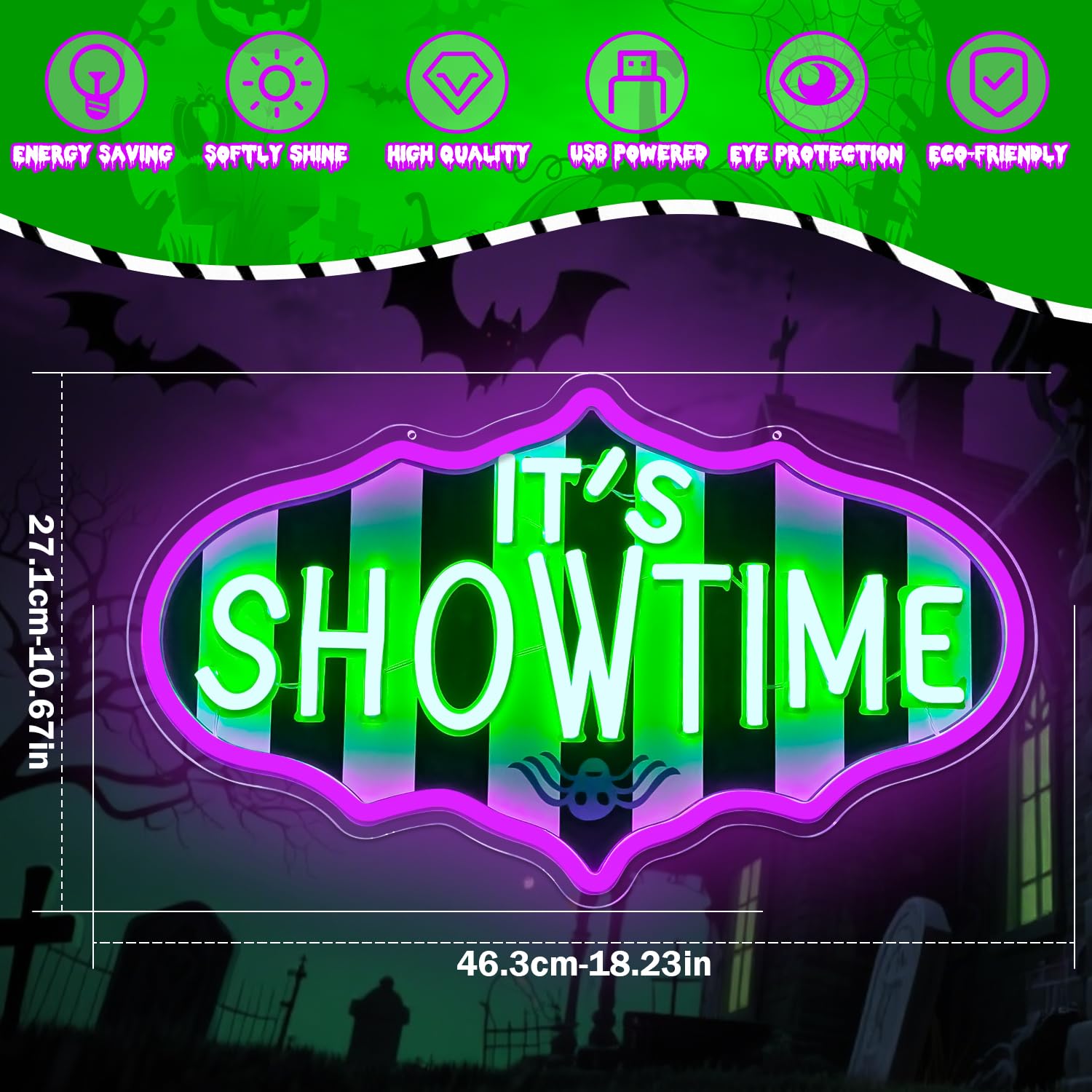 Ajoyferris Neon Showtime Sign - Dimmable Green Acrylic Light - 70.8" Horror Movie Decor for Halloween Party