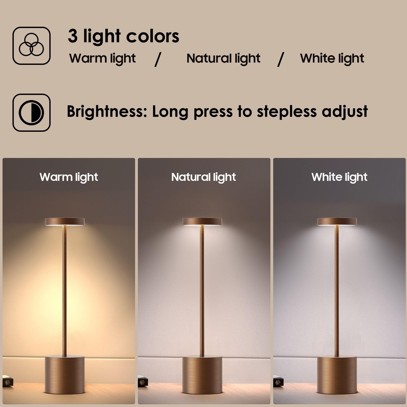 JALVDE Cordless LED Table Lamp, Rechargeable 6000 mAh, 3-Levels Dimming, 13.5 inches, 2X Brushed Titanium, Model 203