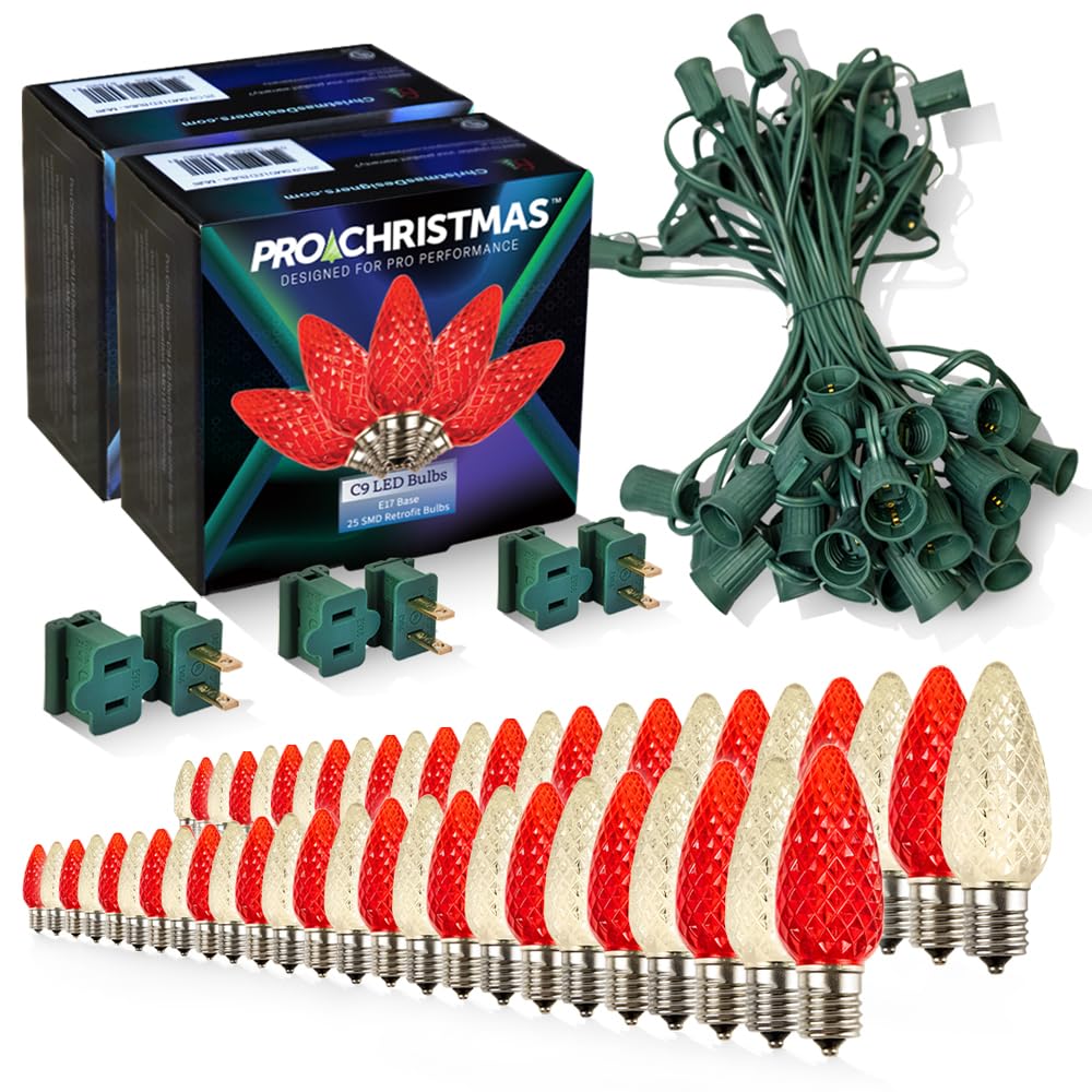 Pro Christmas C9 LED Christmas Light Kit for Rooflines & Pathways - DIY Cut to Length  Outdoor Commercial Grade (Green Wire w/Vampire Plugs  50 Bulbs  50 ft) Warm White and Red