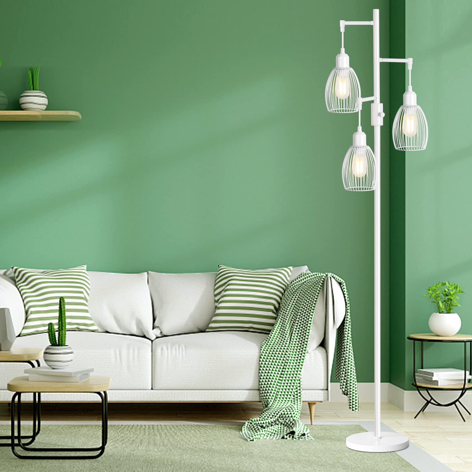 Nintiue Dimmable Floor Lamp with 3 x 800LM LED Edison Bulbs, Metal, White, Model FL1908, Industrial Teardrop Design for Living Room/Bedroom