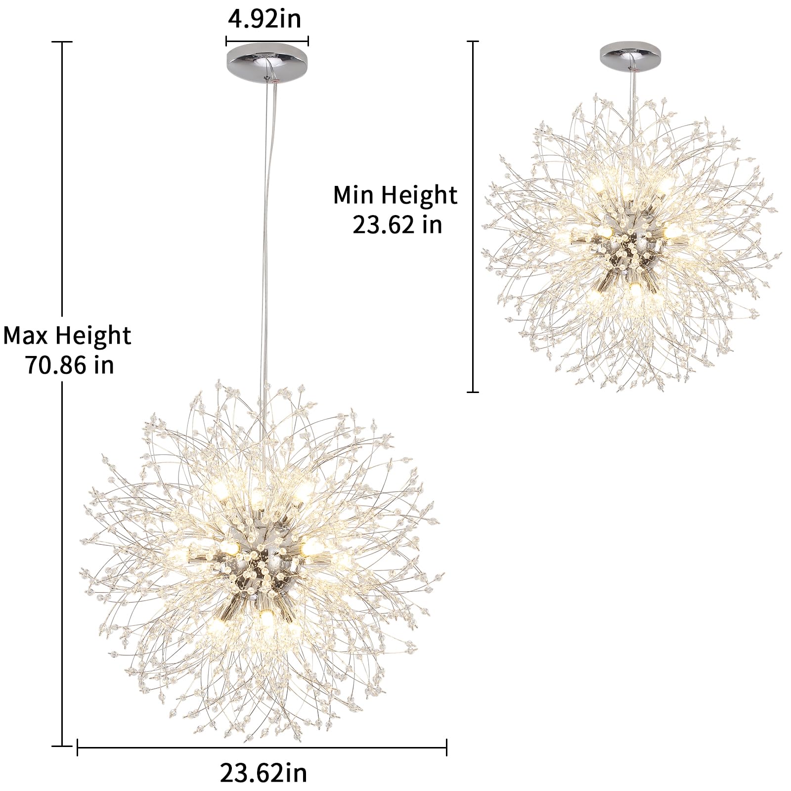 Meijia Modern Crystal Chandelier 12 Lights, 23.6    Dandelion Sputnik Chandeliers Light Fixture Starburst Chrome Chandelier Pend