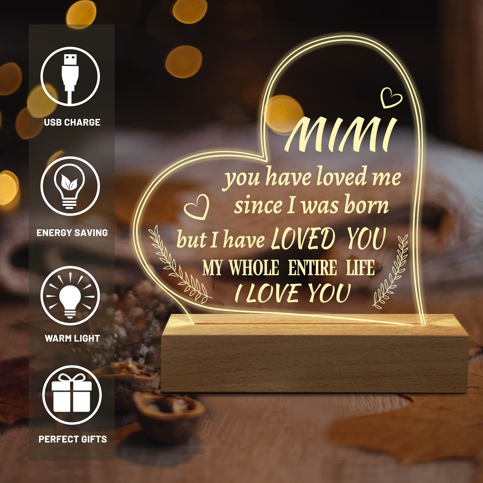 Hiipeenow Mimi Gifts From Grandchildren, Engraved Night Light 15 * 19Cm, Valentines Day Birthday Christmas Mothers Day Gifts For