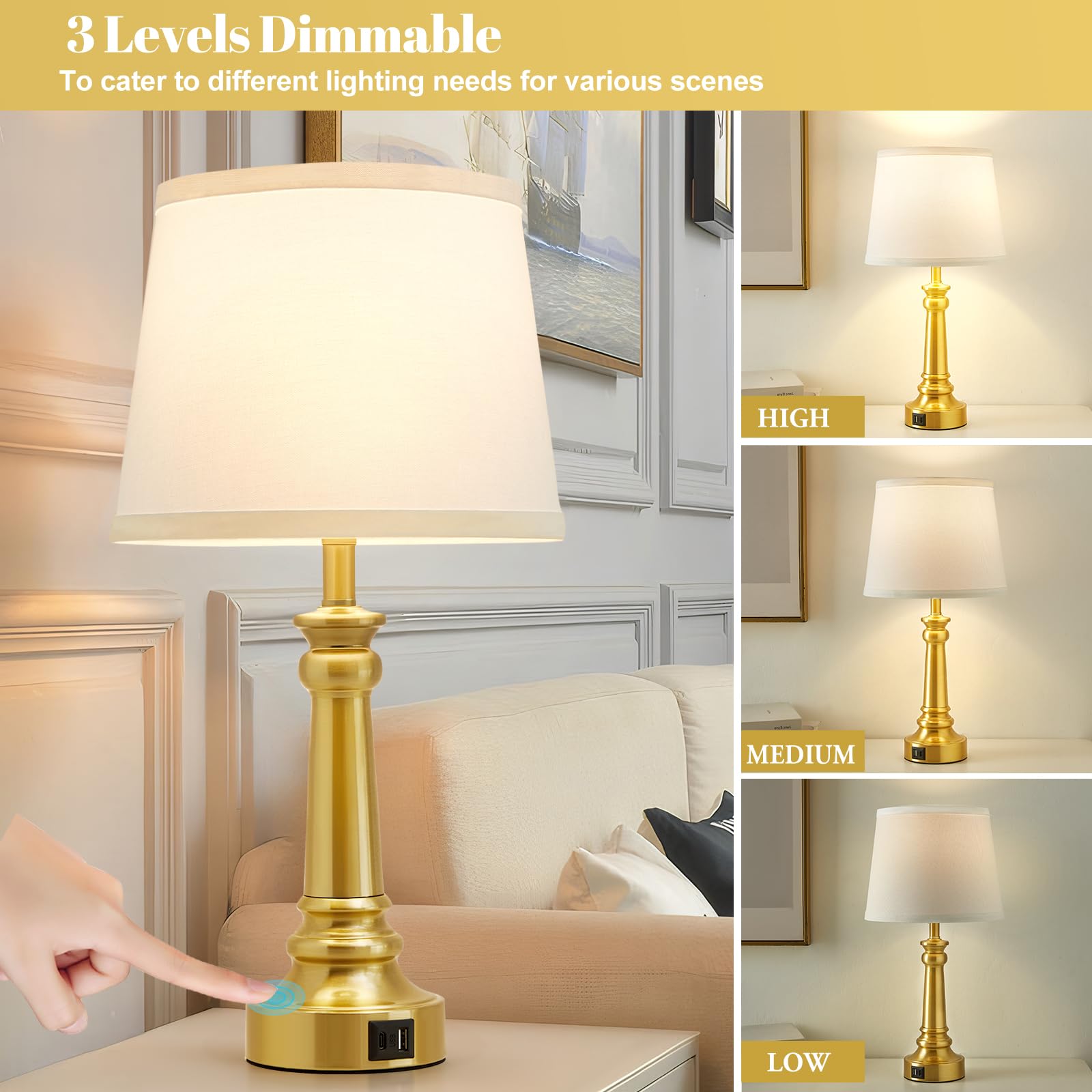 Ejiaxin Touch Lamps For Nightstand Set Of 2 - Gold Table Lamp For Bedroom 3 Way Dimmable Bedside Lamps With Usb C+A Ports - Lamp