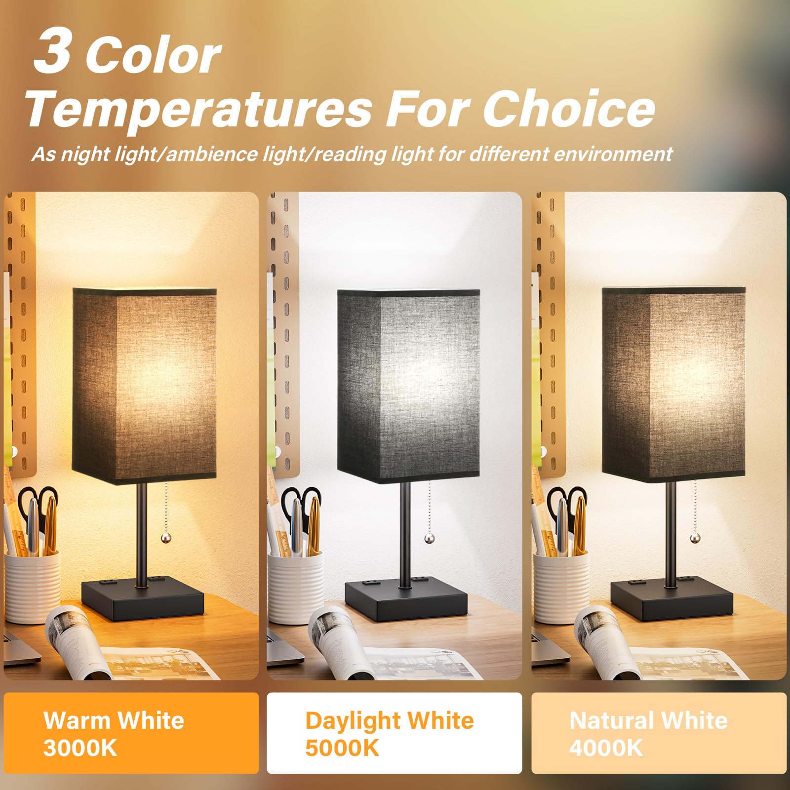 Aooshine Black Medium Table Lamp With Usb Ports - 3 Color Temperature Bedside Lamp For Bedroom, Pull Chain Control, Usb A And C