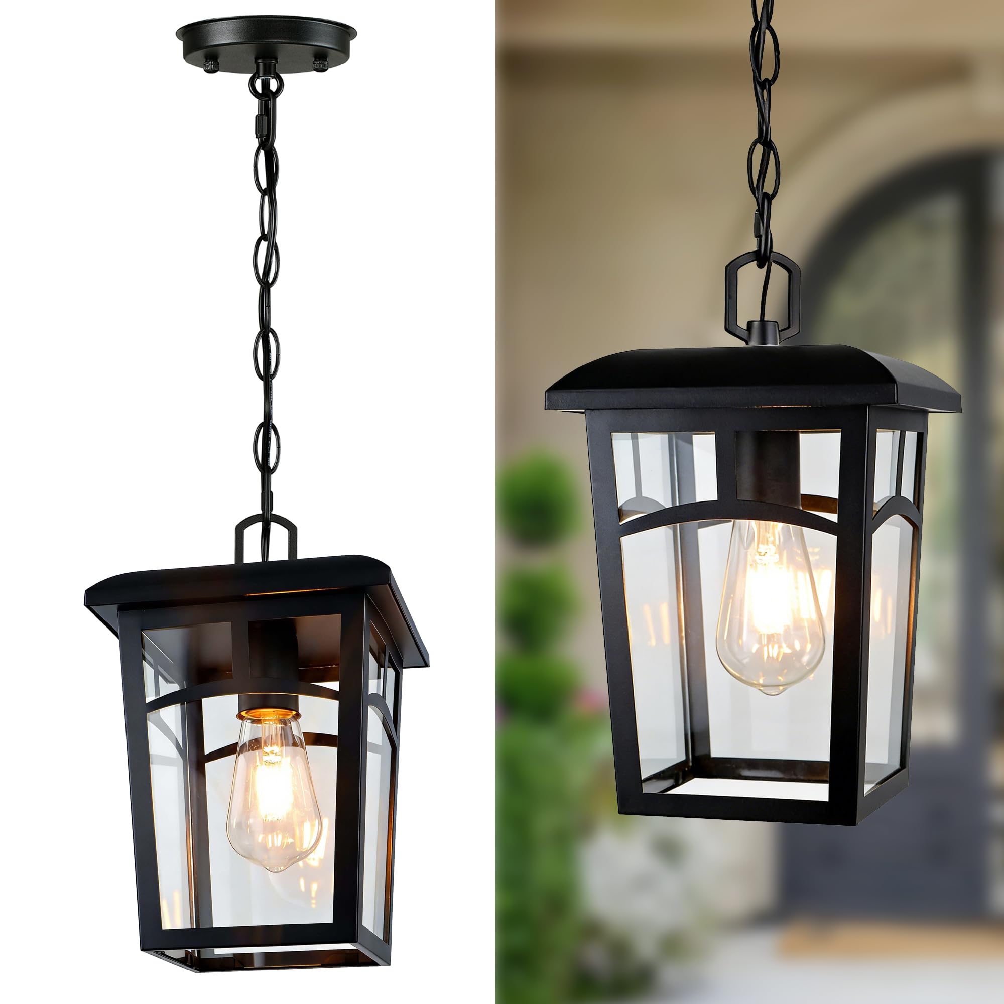 DOCIUEON Outdoor Hanging Light, Farmhouse Black Porch Pendant Lantern with Clear Glass, E26 Base Modern Exterior Chandelier for 
