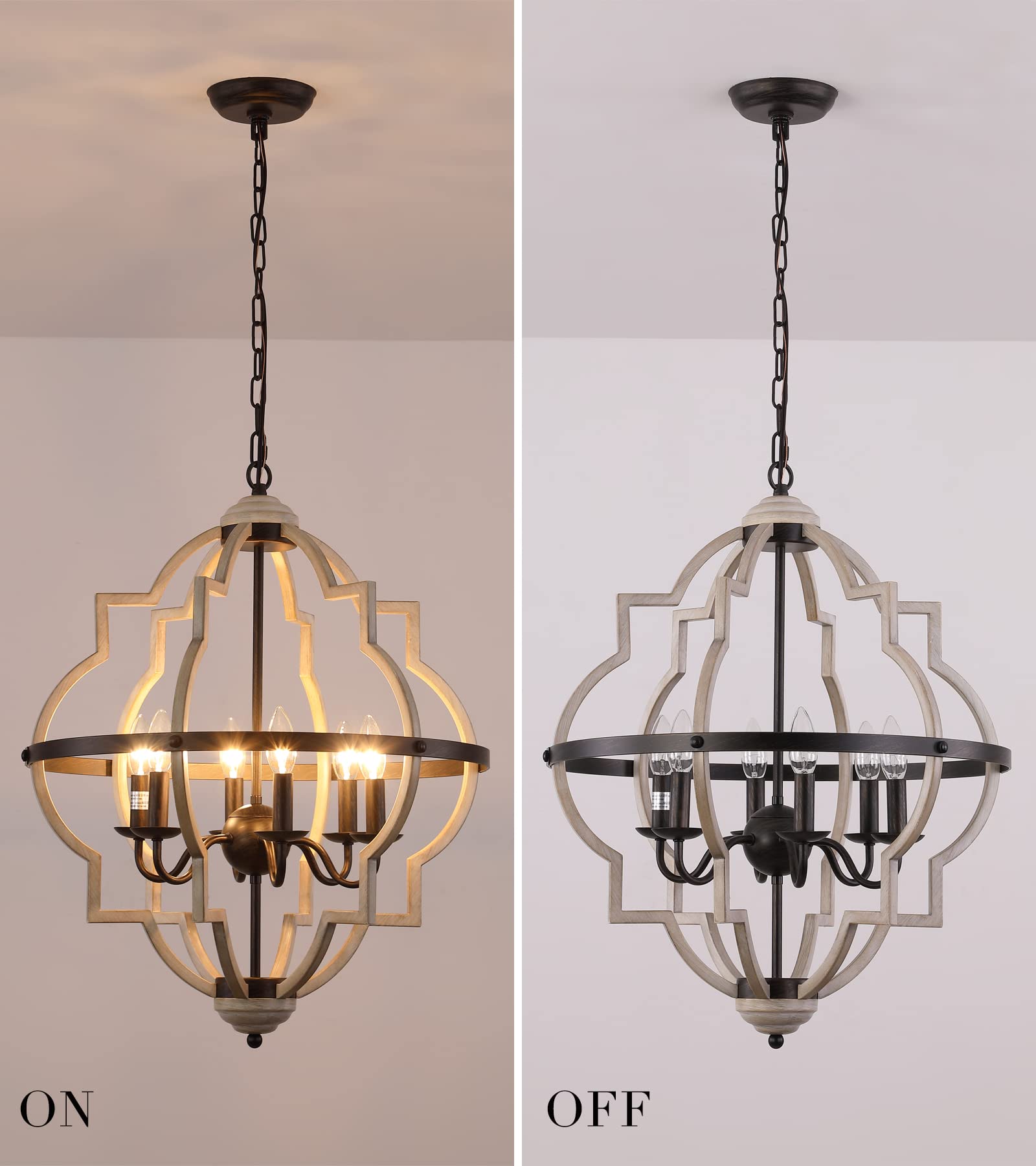 Q&S Rustic Antique Orb Chandelier, 6-Light Oak White Iron Ceiling Fixture for Foyer, Dining Room, Kitchen, Living Room