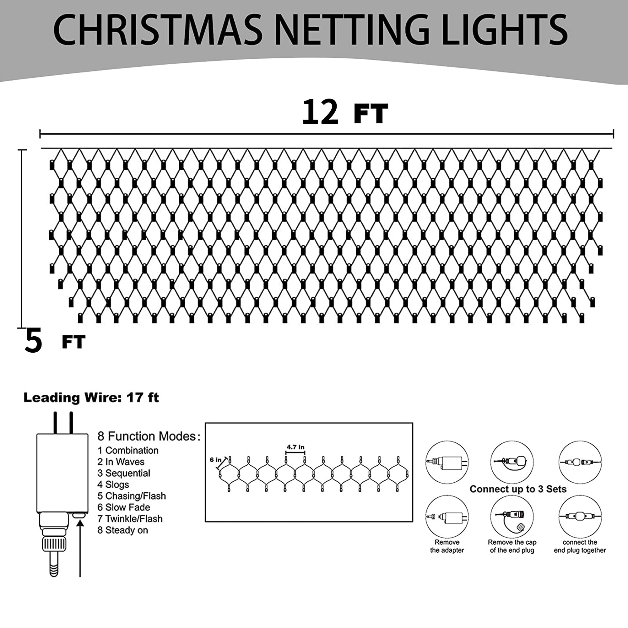 Dazzle Bright 360 LED Net Lights, 12FT x 5FT Waterproof String Lights, White, 8 Modes for Indoor/Outdoor Xmas Decor
