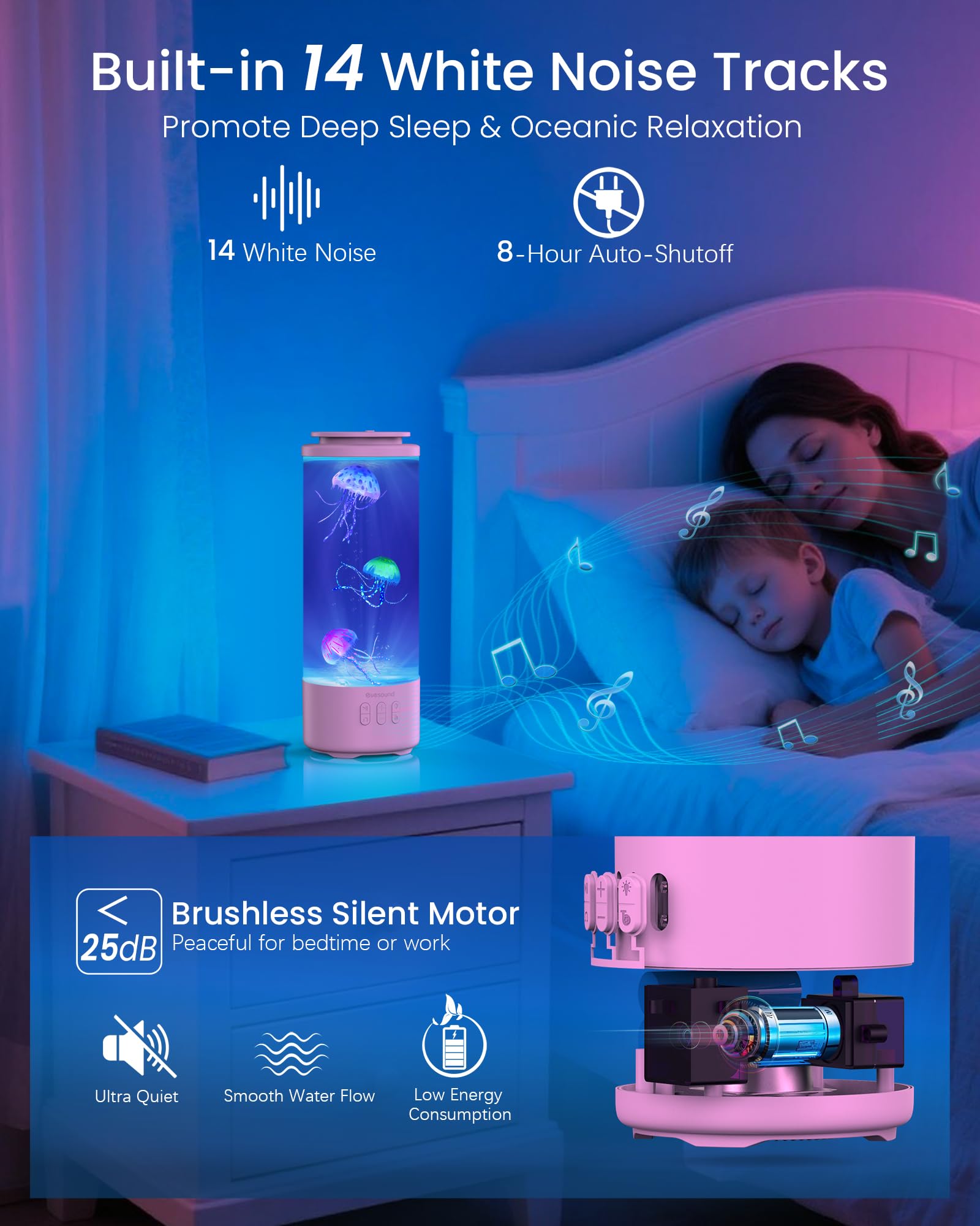Eyesound Jellyfish Lamp Bluetooth Speaker With White Noise - 7 Color Changing Jelly Fish Tank Aquarium Light, 4 Lighting Modes F