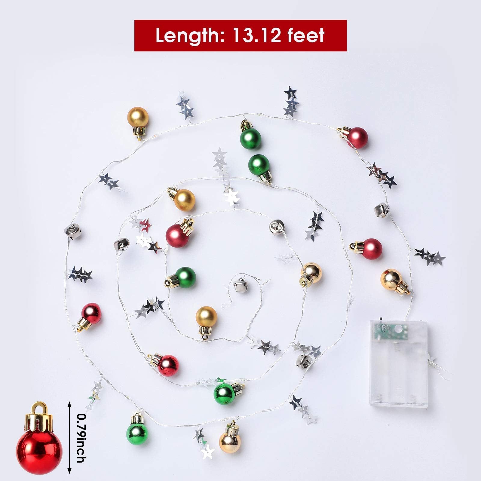 Mudder 13 Ft 40 Led Christmas String Lights Battery Operated Wire Light Fairy Led With Star And Bell Wire Lamp Indoor Decoration For Christmas Tree Ceiling Bedroom Holiday(Gold, Green, Red)