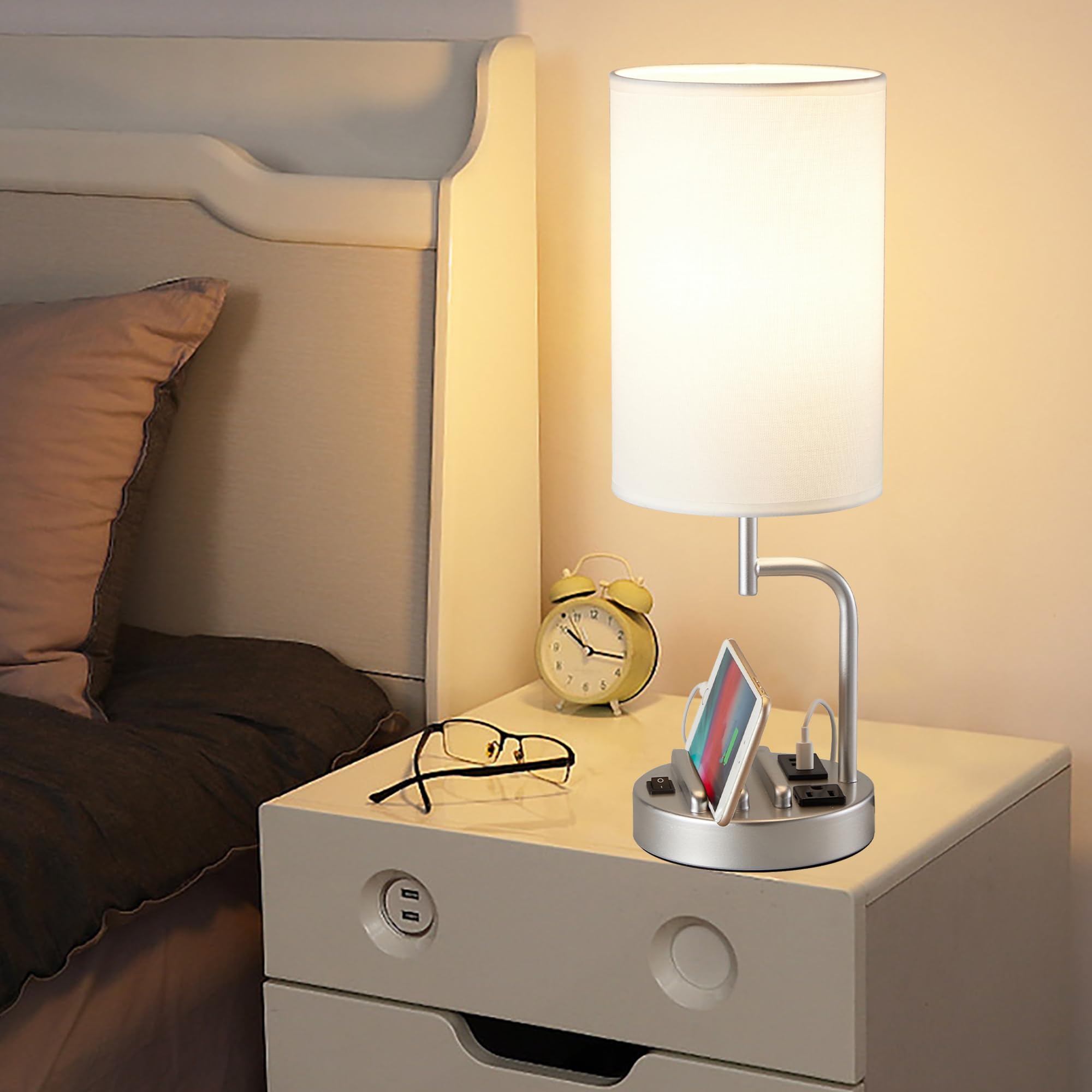 Dreamholder Table Lamp With 3 Usb Charging Ports, Modern Desk Lamp With Ac Outlet And Phone Stands, Perfect Bedside Lamp For Bed
