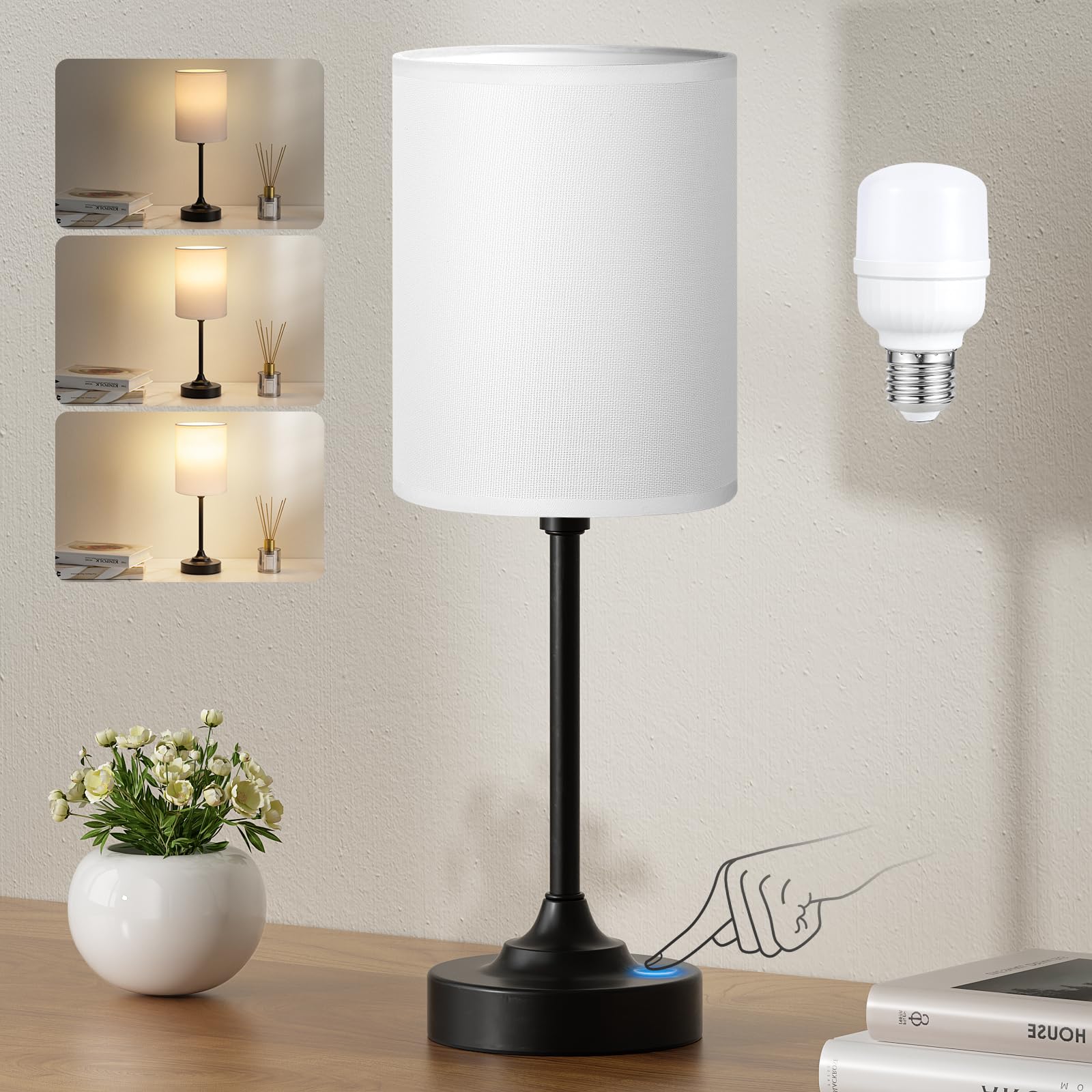Fenmzee Touch Nightstand Bedroom Lamp - 3 Way Dimmable Bedside Lamp, Small Table Lamp Linen Lampshade For Office Desk, Led Bulb