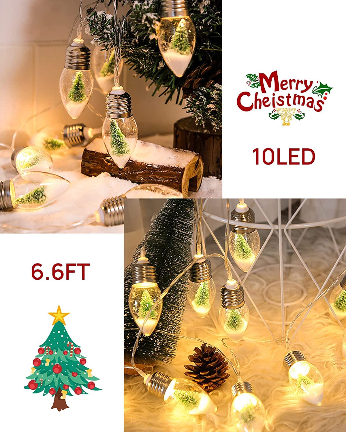 Quace Christmas Snow Bulb String Lights with 10 LED Fairy Bulb Lights Christmas Tree Decorations for Garden Backyard Patio Weddi