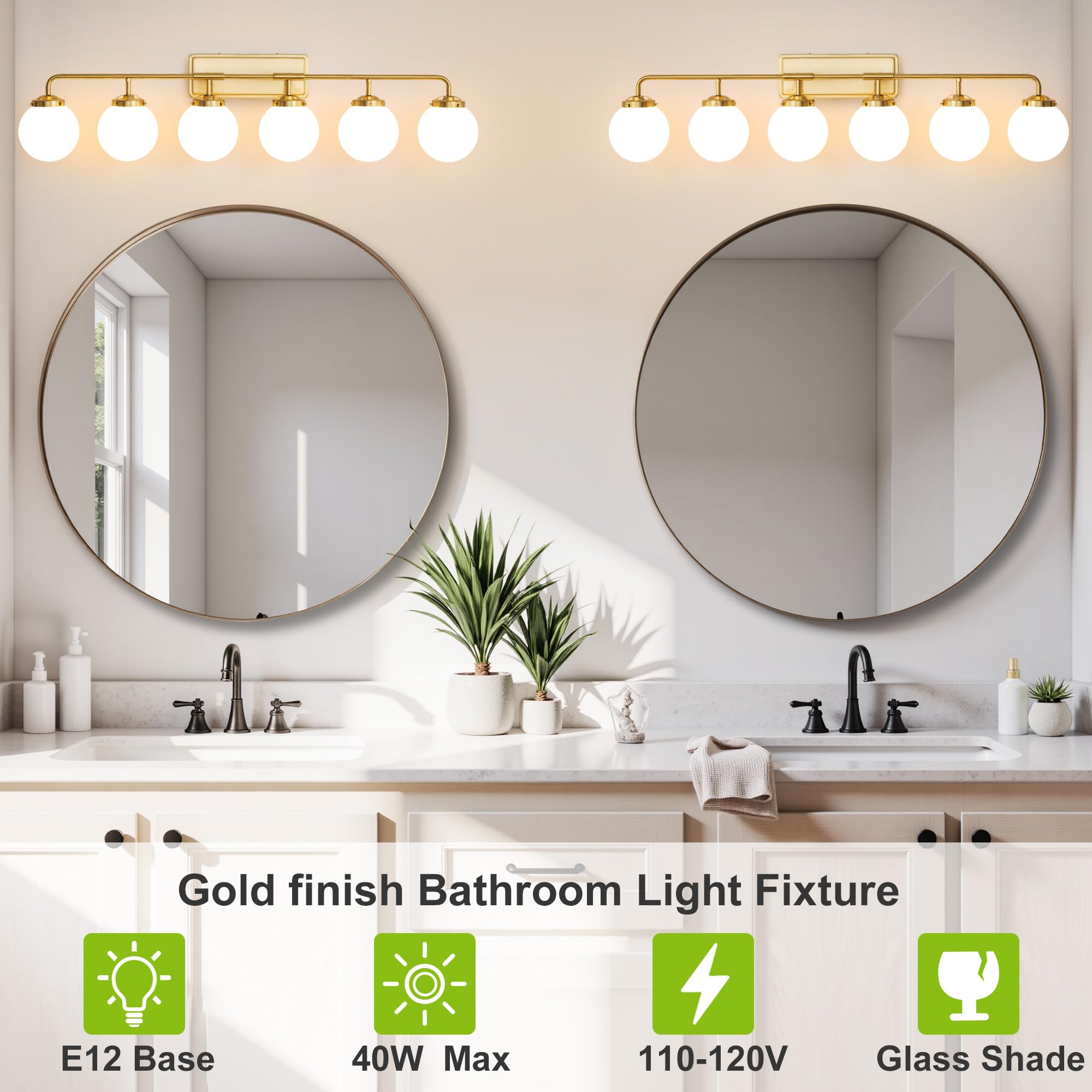 Deyidn Gold Bathroom Light Fixtures 6-Light Modern Wall Sconce with White Glass Globe Shade, Model 1758