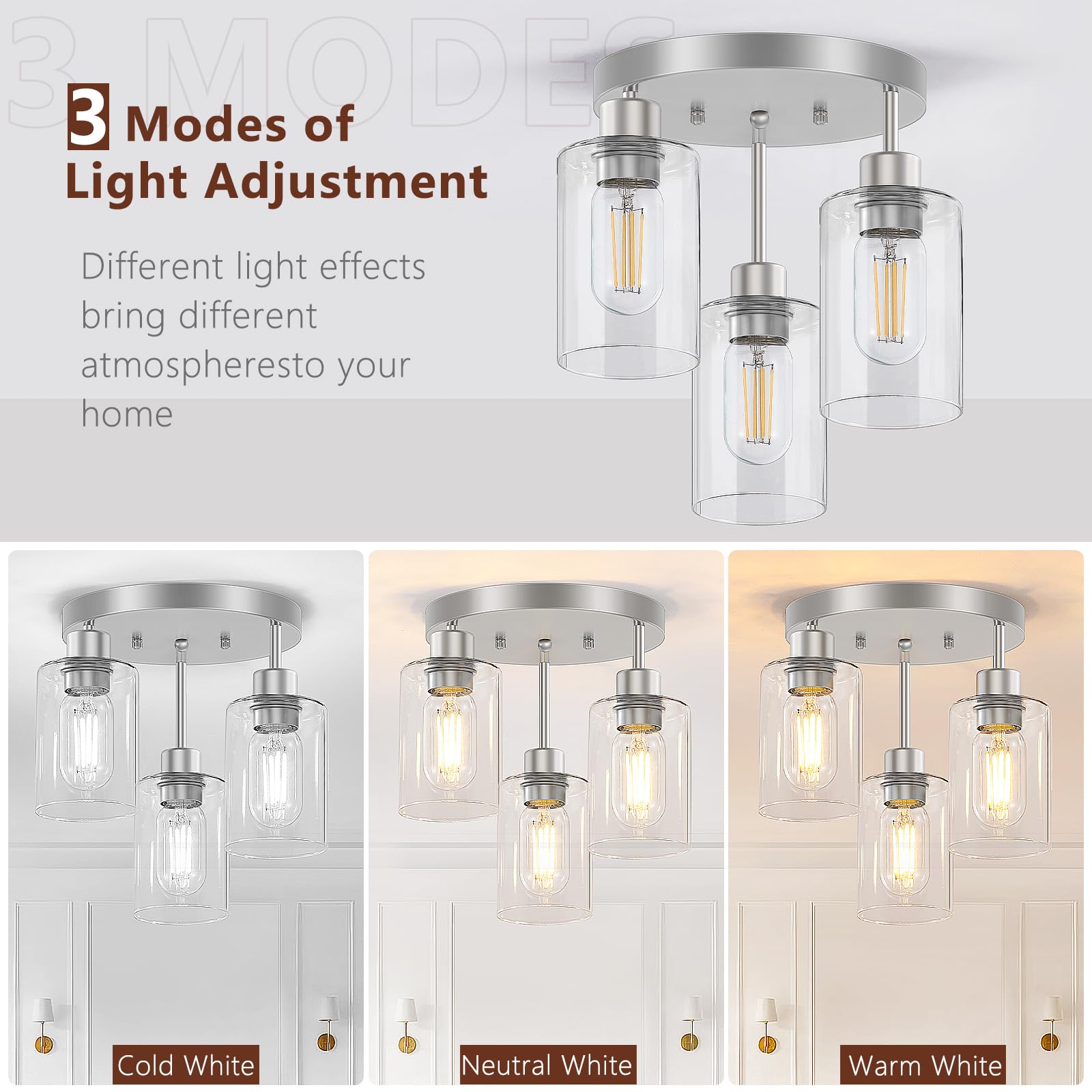 Feanron 3-Light Brushed Nickel Flush Mount Ceiling Light, Hallway Light Fixtures Ceiling Mount With Clear Glass Shades, Modern C