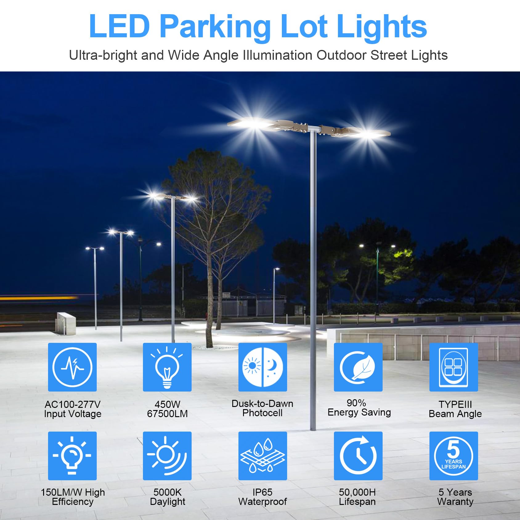 450W Led Parking Lot Light 67500Lm 5000K Outdoor Street Area Lighting With Dusk To Dawn Photocell Led Pole Lights 100-277V Ip65