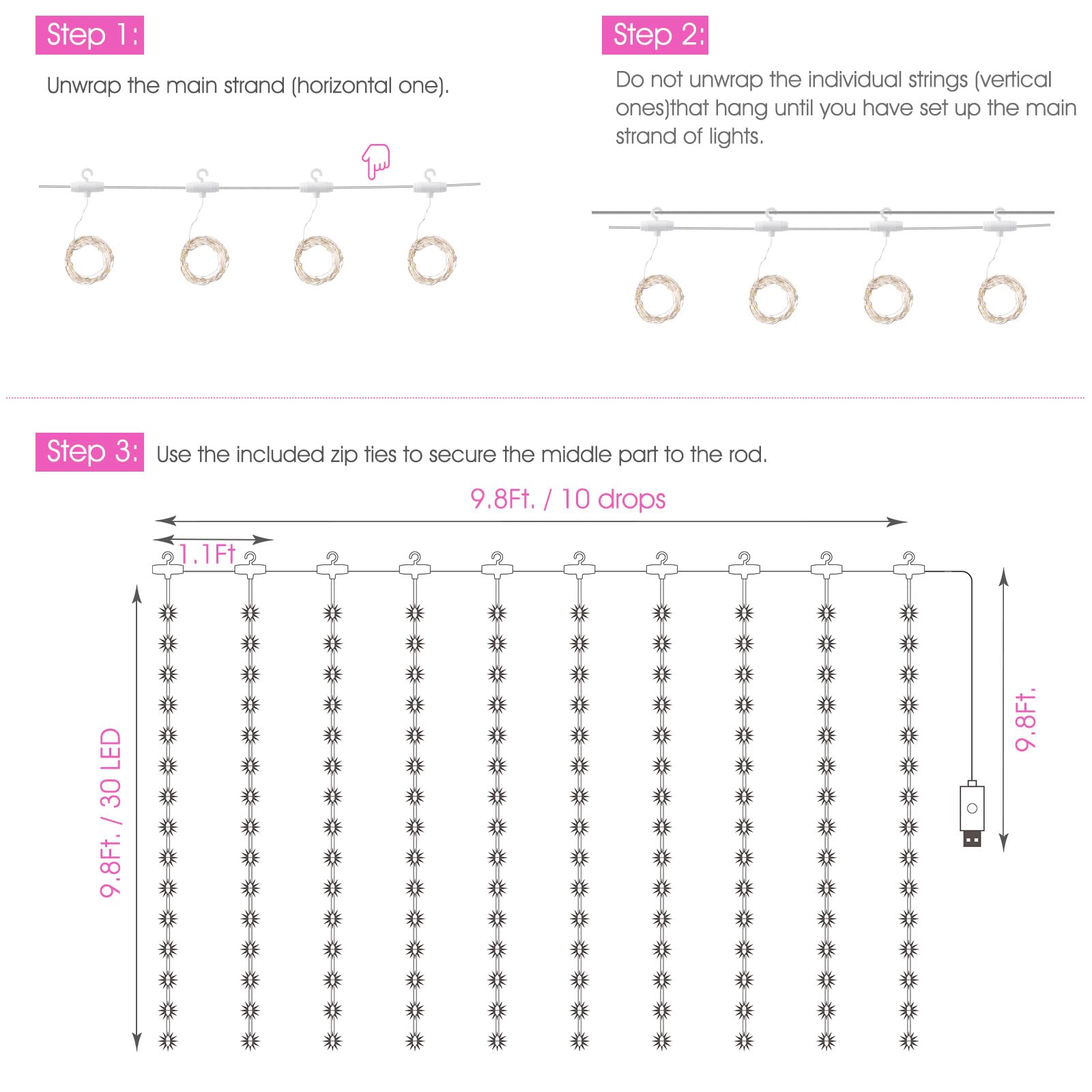 Minetom 300 LED Dimmable Fairy Lights - Pink USB Powered Curtain Lights with Remote & Timer, 8 Modes, 1 Pack