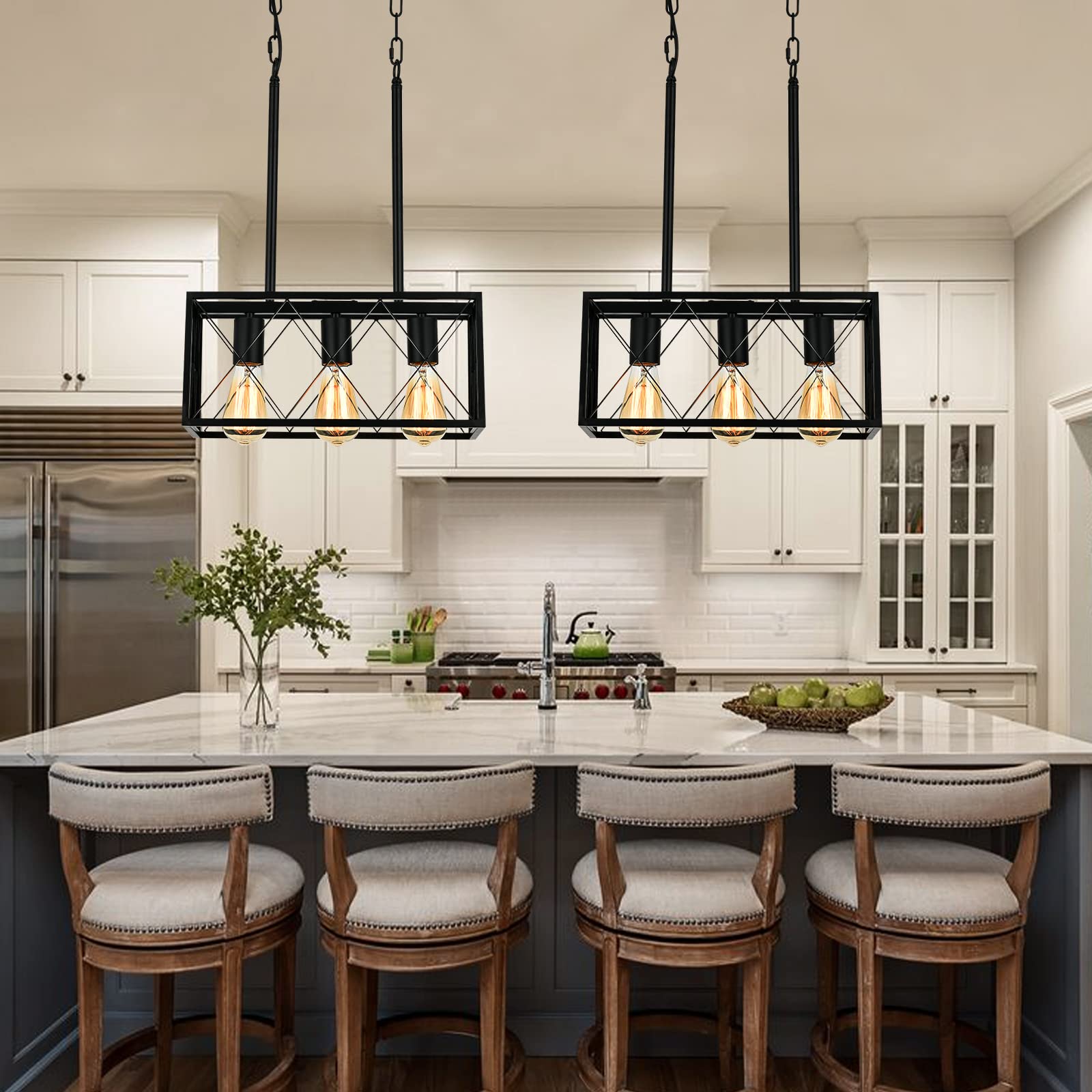 Keesfu Black Farmhouse Kitchen Island Lighting, 3 Lights Pendant Lighting Fixtures, Adjustable Height, Industrial Dining Room Li