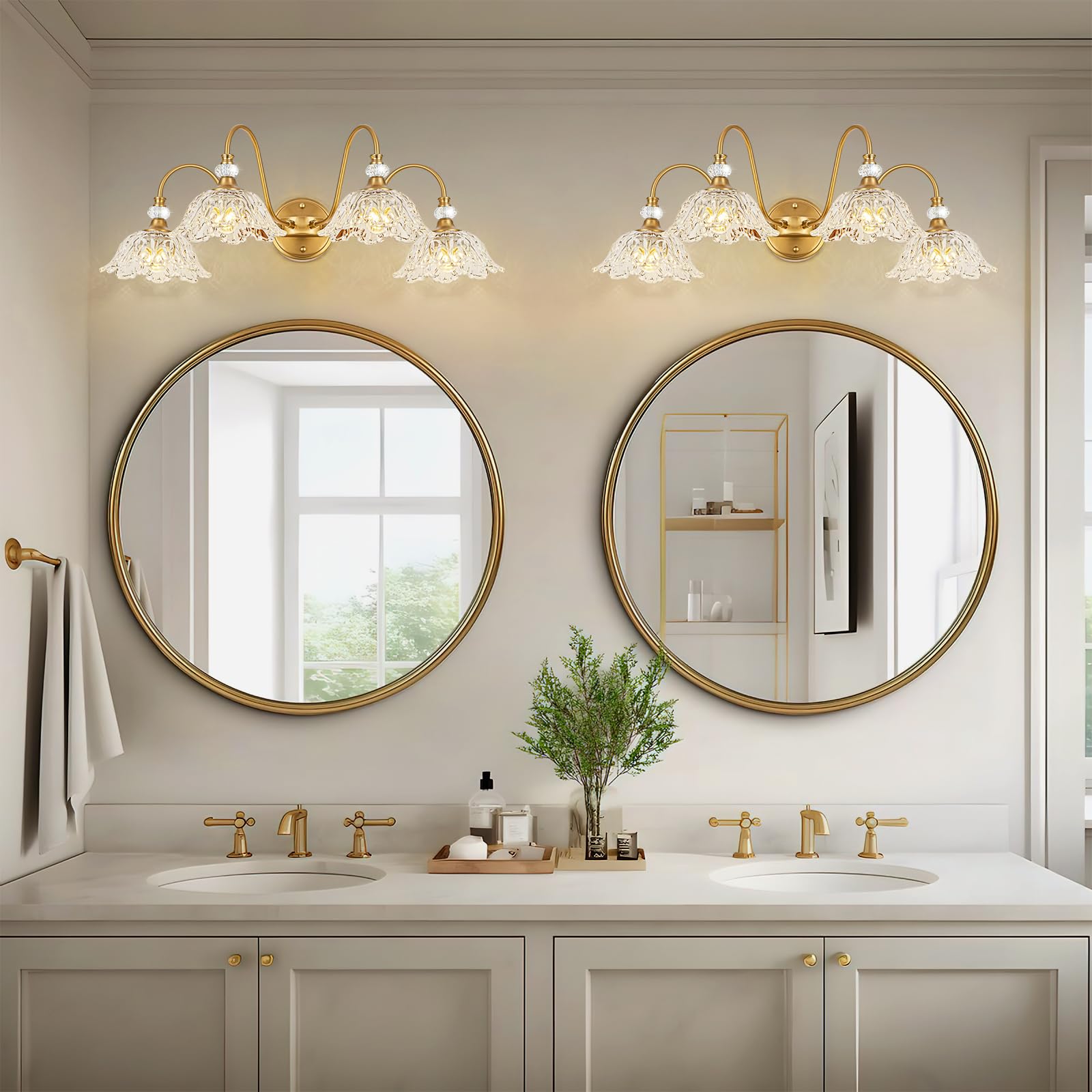 sunkryster 4-Light Vintage Bathroom Vanity Light, Matte Brass Finish, Floral Glass Shades, Retro Wall Mount, Model Sun-104AB-Brass-4