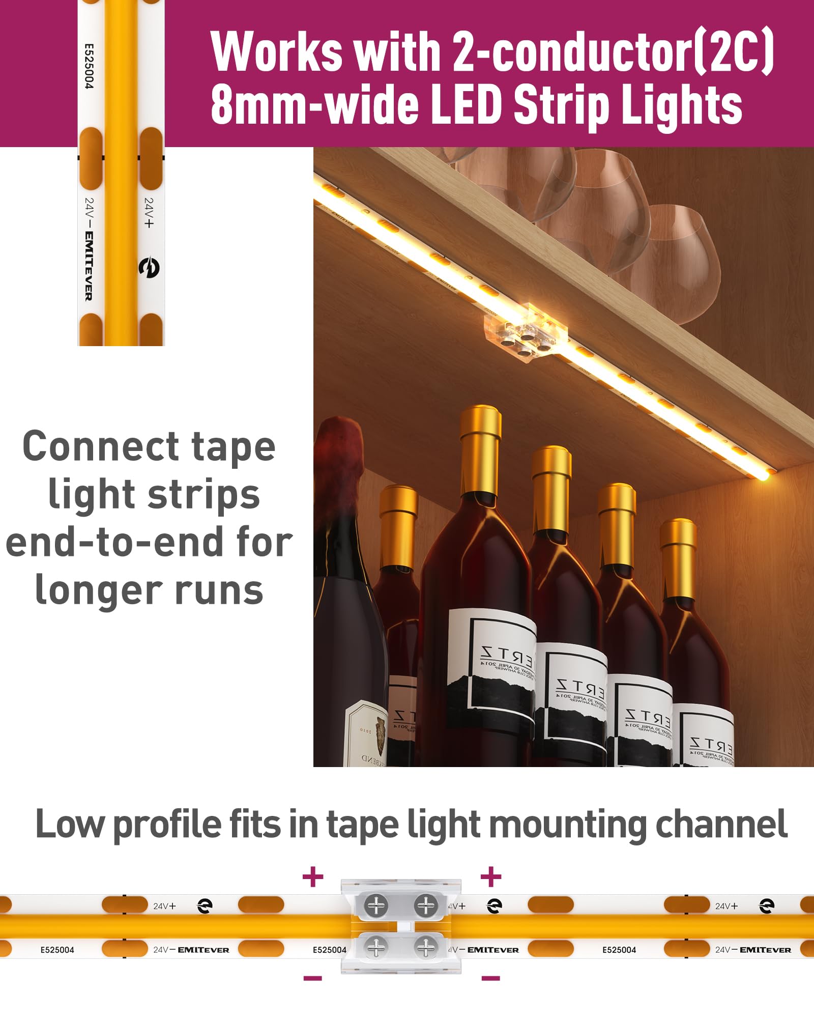 Emitever Led Strip Connectors,12 Packs Led Tape Light Connector 2 Pin Solderless Tighten Screw Transparent Tape To Tape Connectors For 5V 12V 24V 8Mm Width Led Strip Lights