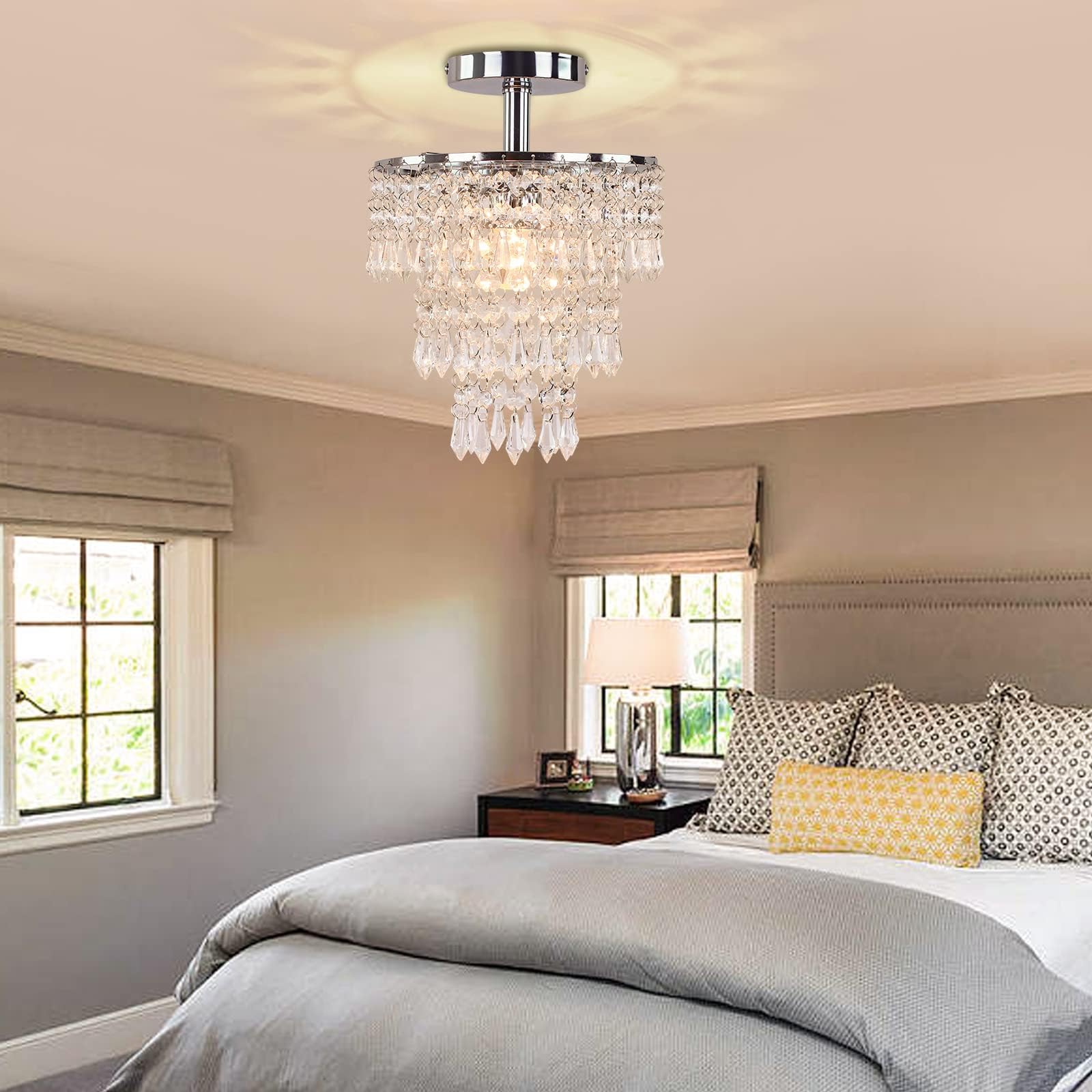 Frixchur 3-Tier Crystal Chandelier, Chrome Led Pendant Light For Bedroom & Living Room