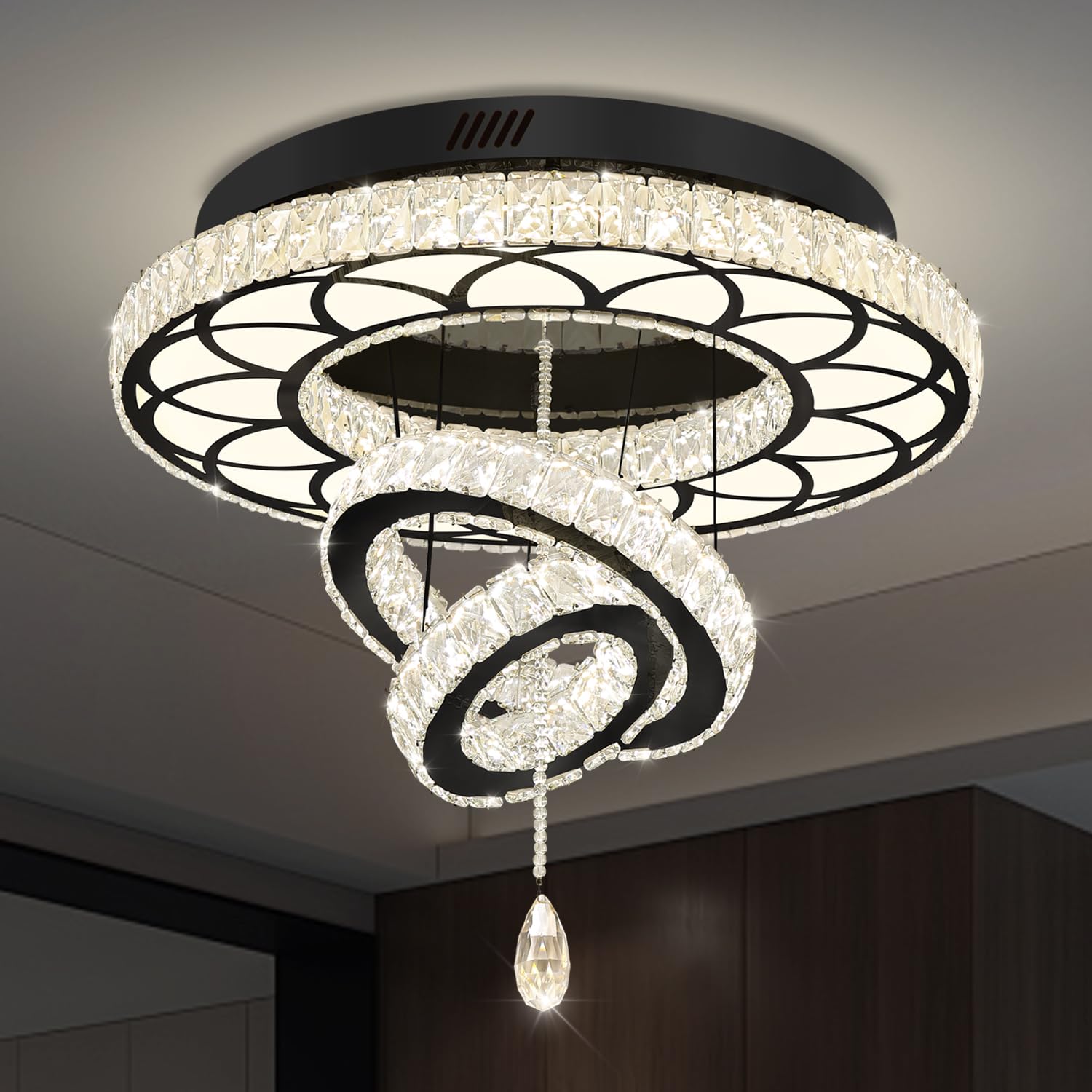 Flashing God Dia 24'' Crystal Chandelier Crystal Black Ceiling Light Fixtures LED Flush Mount Ceiling Light for Living Room Bedr
