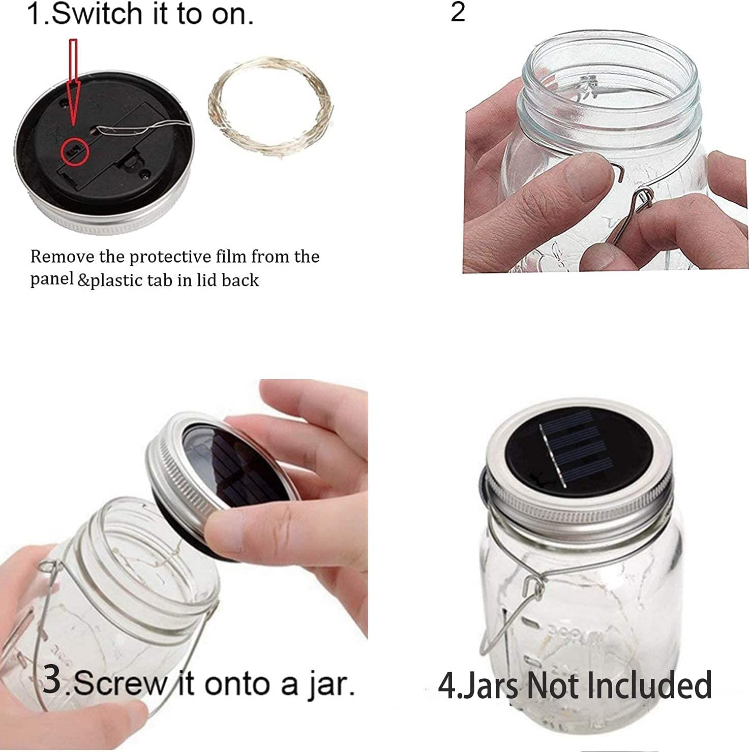 Yeuago 8 Pack Fairy Star Firefly Jar Lids Lights,Solar Fairy String Lids Lights(No Jars),Waterproof Lantern Mason String Solar L