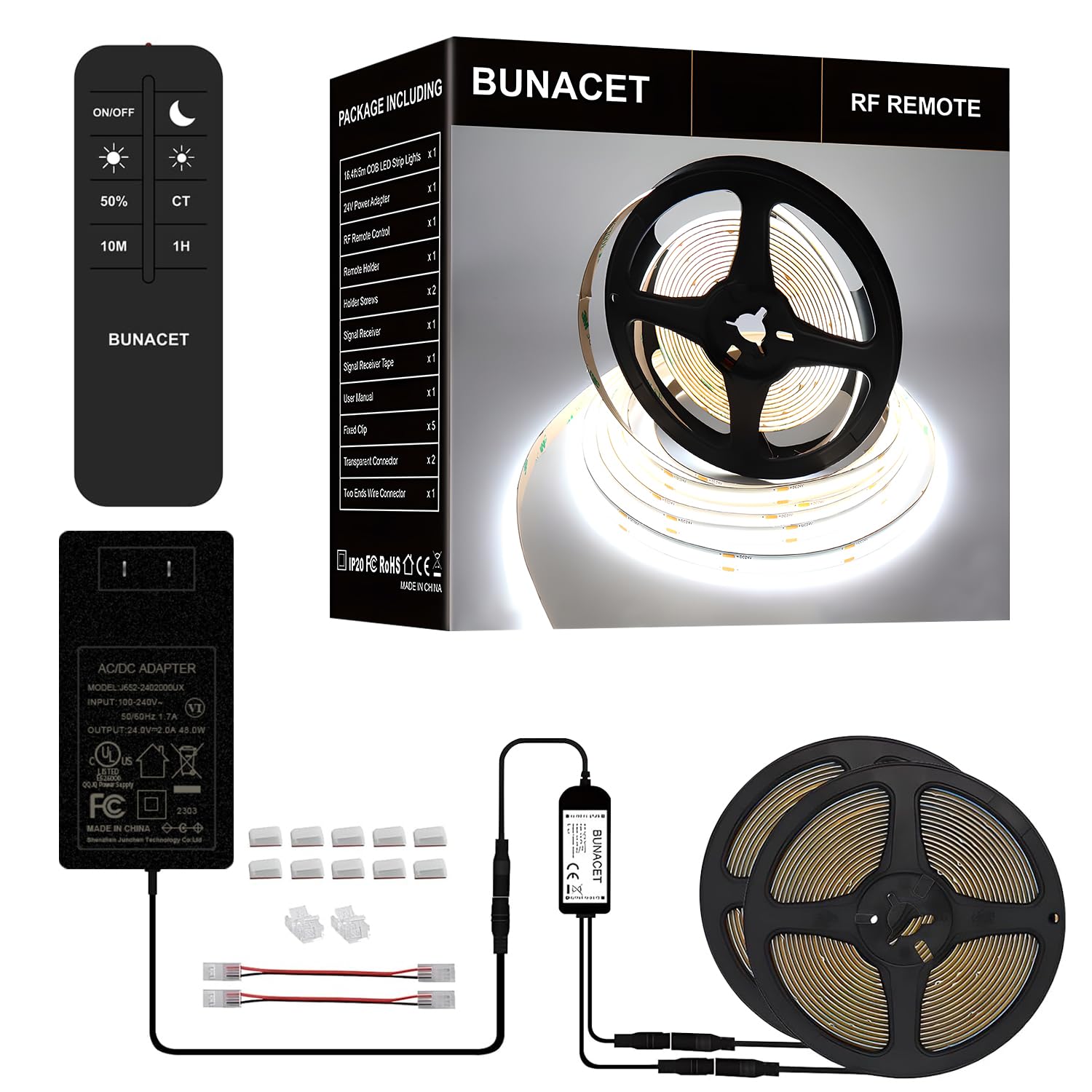 BUNACET COB LED Strip Lights 5760LEDs, 40FT 6500K Dimmable Cool Light Bright LED Lights for Bedroom Counter Under Cabinet Kitche