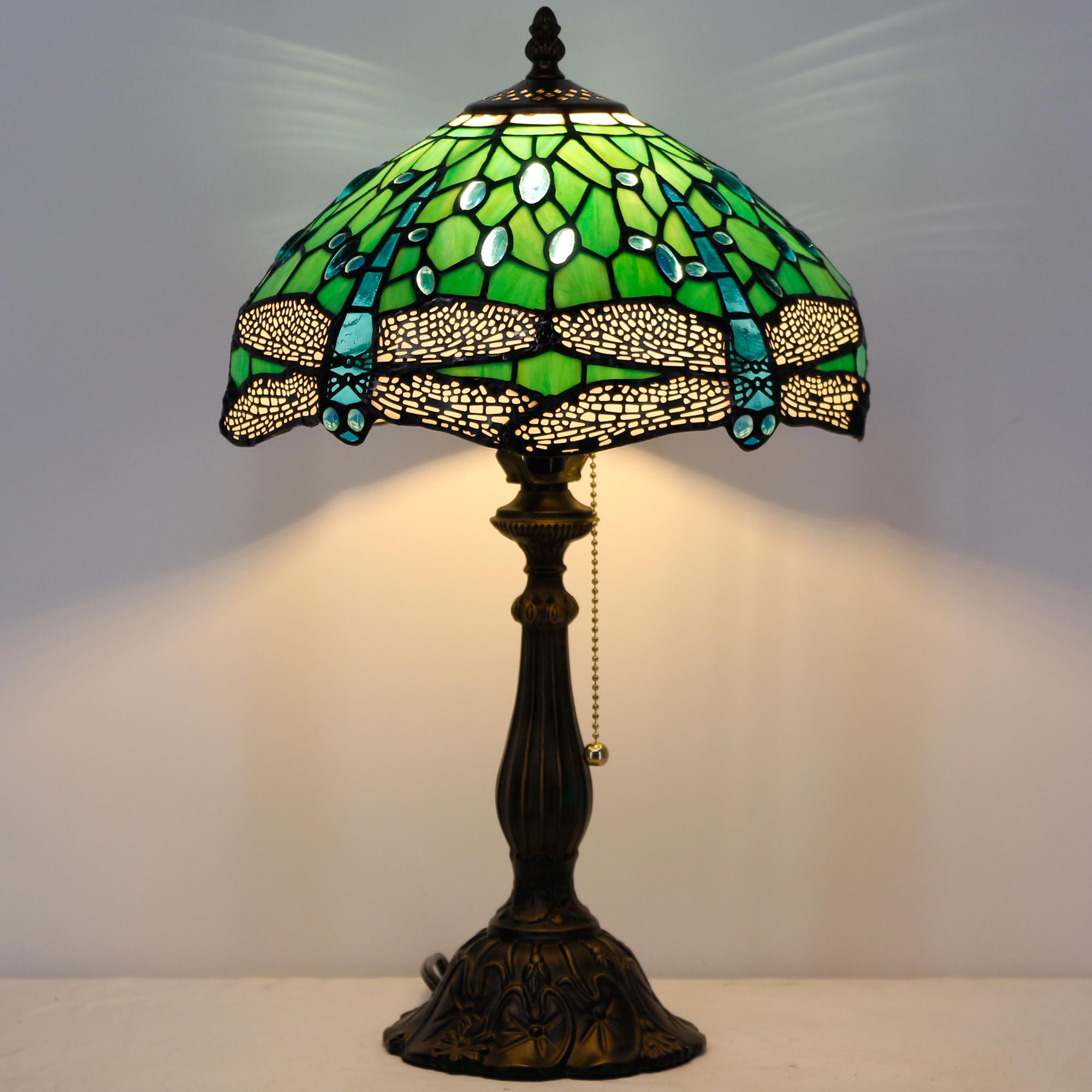 Zjart Tiffany Table Lamp Stained Glass Lamp 12X12X19 Inch Antique Reading Light (Green Dragonfly)