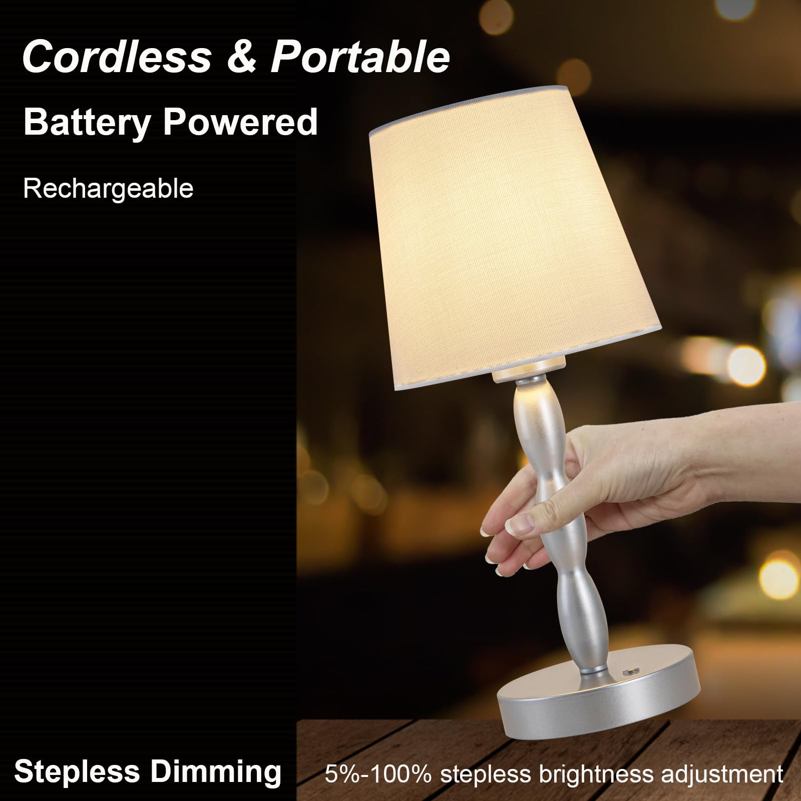 CASTLELIFE Portable Cordless Table Lamp, Touch Control, 3-Level Brightness, Metal, Silver, Model CL8433
