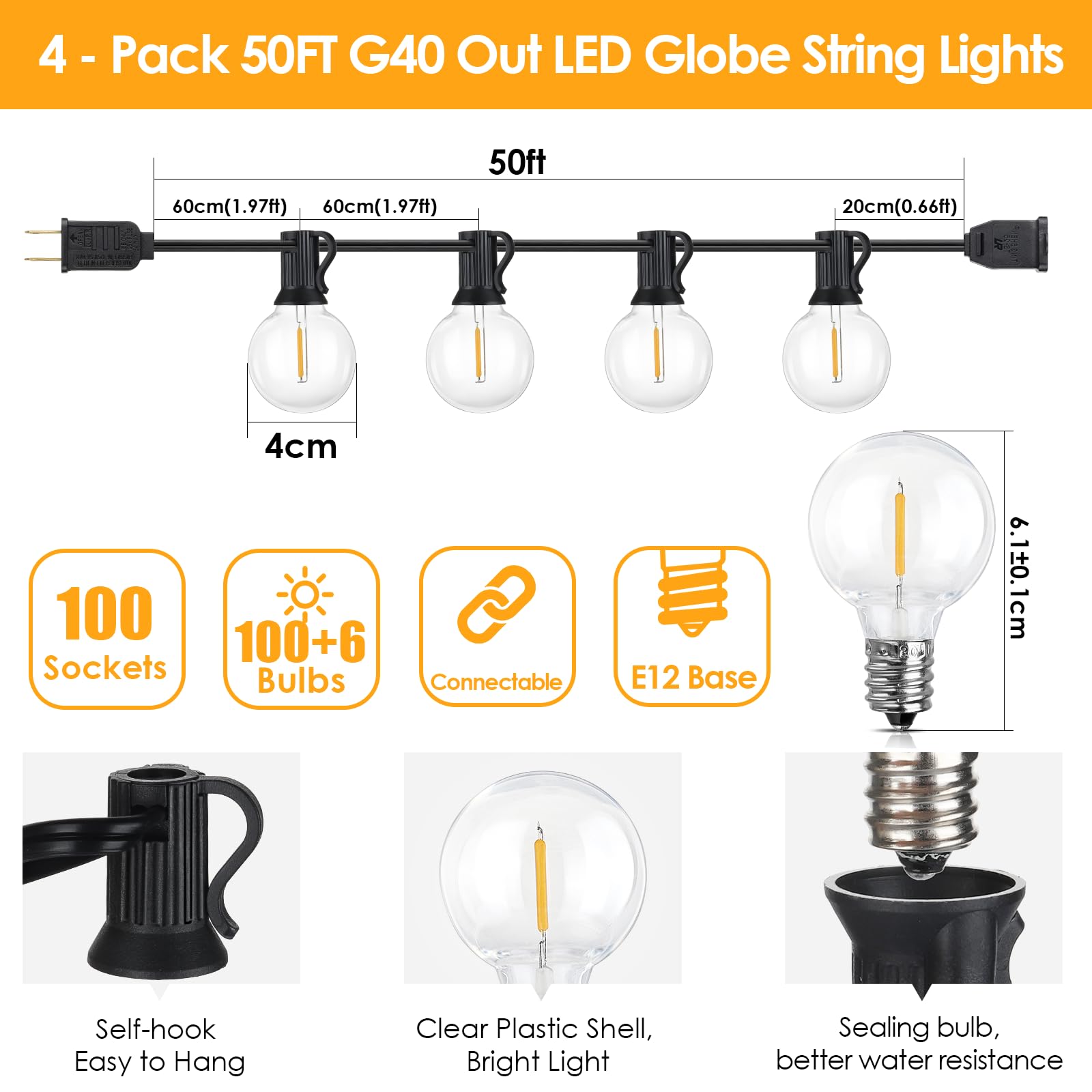 Mlambert 200Ft(4X50Ft) Outdoor String Lights, G40 Globe Patio Lights Connectable With 100+6 Waterproof Led Bulbs For Backyard Ga
