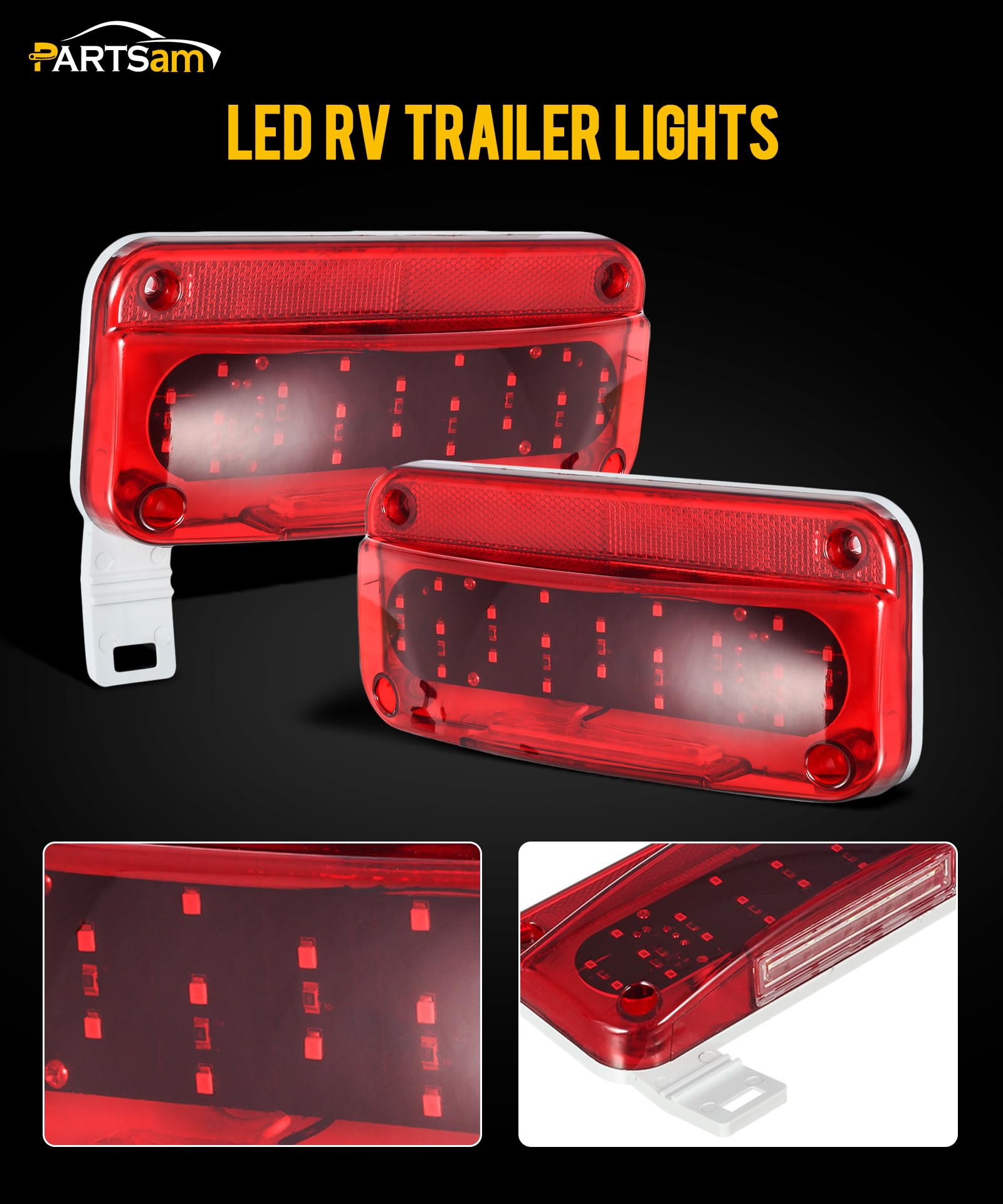 Partsam Rectangular Red LED RV Camper Trailer Stop Turn Brake Tail Lights White License Plate Light 49 LED with License Bracket