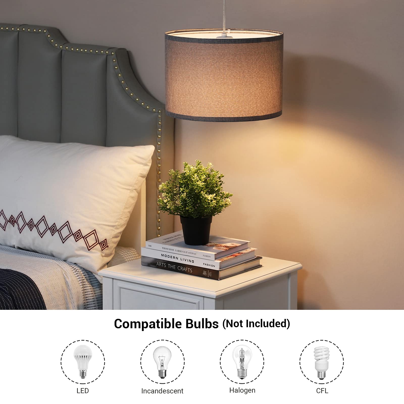 Dewenwils Plug In Wall Light, Hanging Lamp With 15Ft Clear Cord, On/Off Switch, Gray Fabric Lampshade, Hanging Light Fixtures Fo