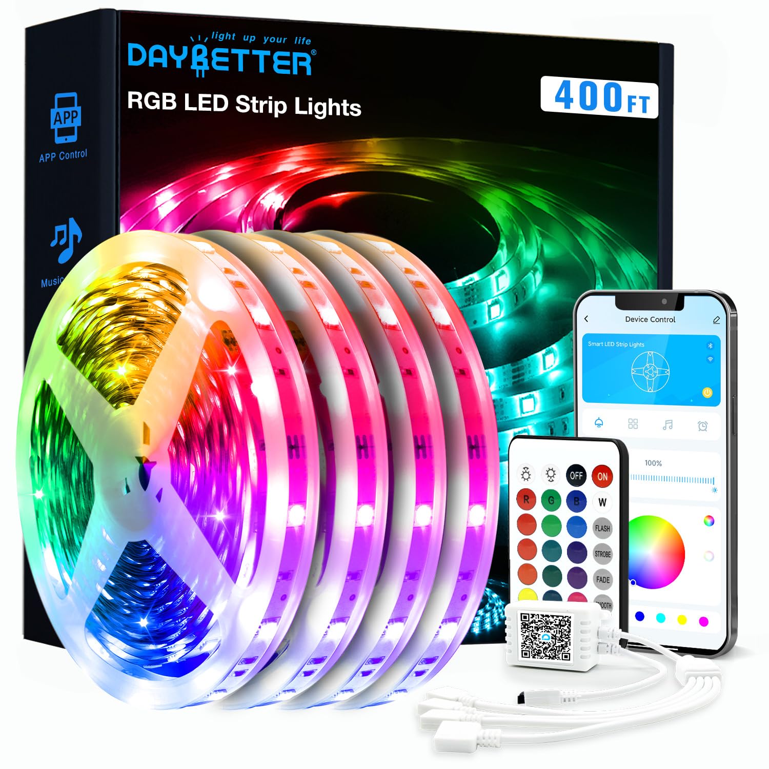 DAYBETTER LED Strip Lights 400ft (4 Rolls of 100ft), Color Changing Lights Strip for Bedroom, Desk, Indoor, Room Bedroom, Girl B