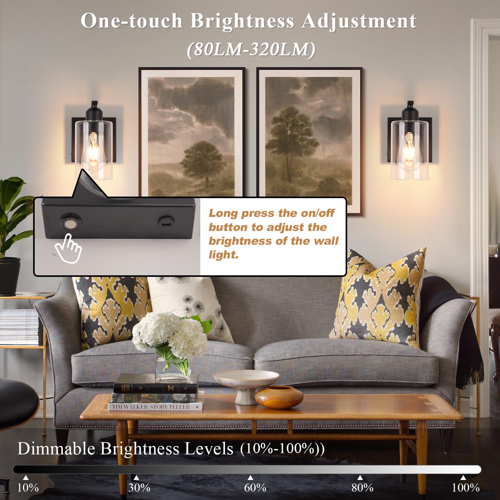 BELS Wall Sconces Set of 2, 8 Inch Dimmable Black Iron Fixtures with Clear Glass, Remote Control, Model VL-1195WT-BK-2P