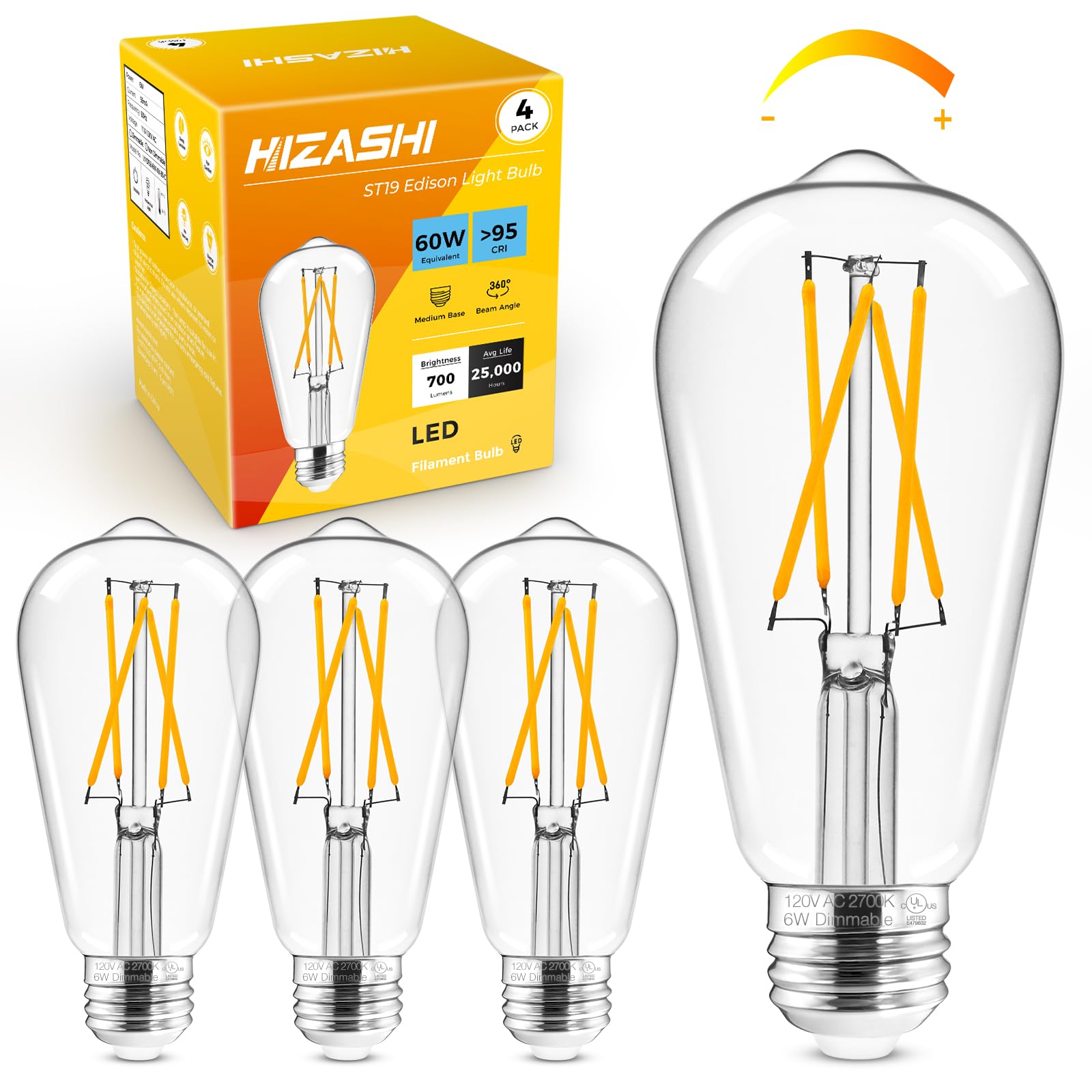 Hizashi Dimmable Edison Bulbs 60 Watt LED, E26 Bulb 2700K Warm White ST19 Vintage Light Bulbs, 95+CRI, UL Listed,700LM 6W E26 Medium Base, Clear Glass, Pack of 4