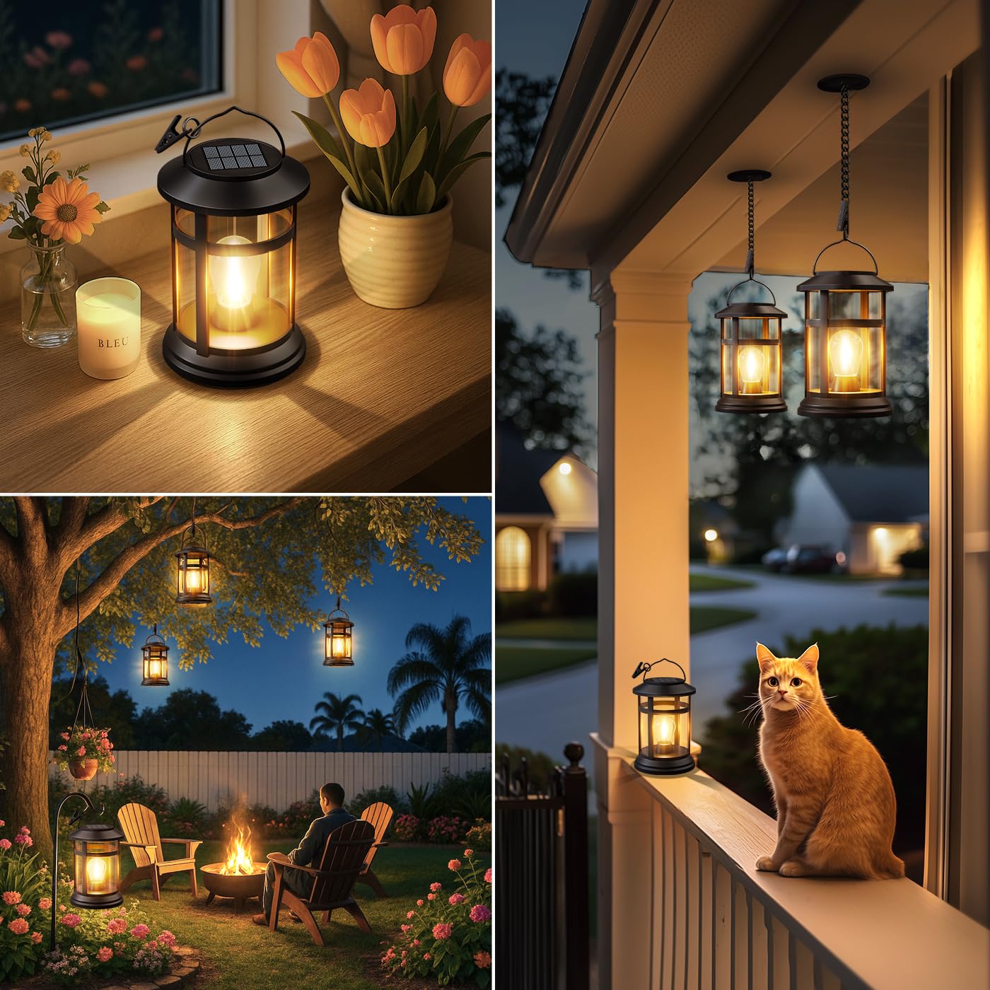 NFEVER Solar Lanterns - 4 Pack Waterproof Hanging Outdoor Lights, Warm White LED, Black Plastic, Model HUNA-LAN-4P for Patio & Garden Decor