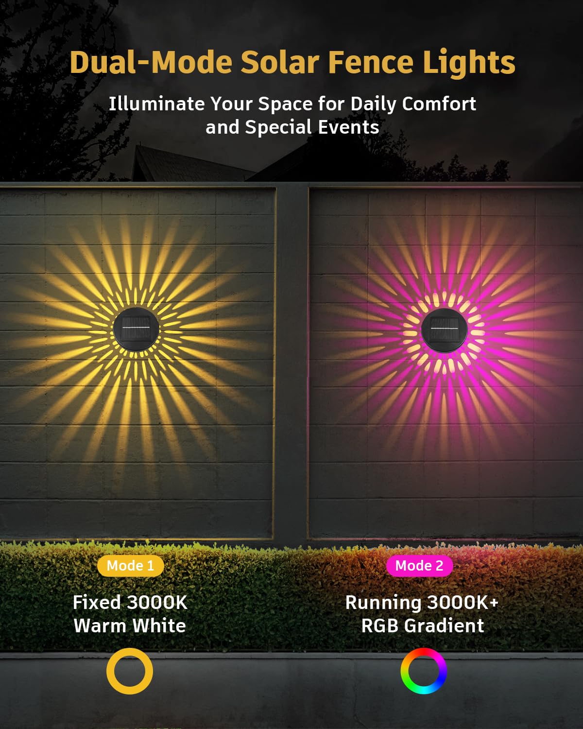 Vangue Solar Lights Outdoor Garden - IP65 Waterproof Dynamic RGB Pathway Lights, Model JT-005, Dual-Mode, 2 Pack