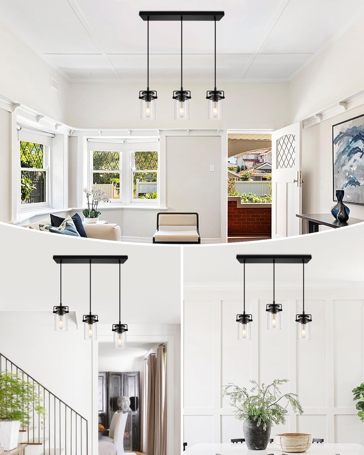 Pendant Lighting For Kitchen Island  Modern Glass Pendant Light Linear Chandelier For Dining Room Industrial Hanging  3 Light Fixture Adjustable Cord Farmhouse Ceiling Light Black Finish