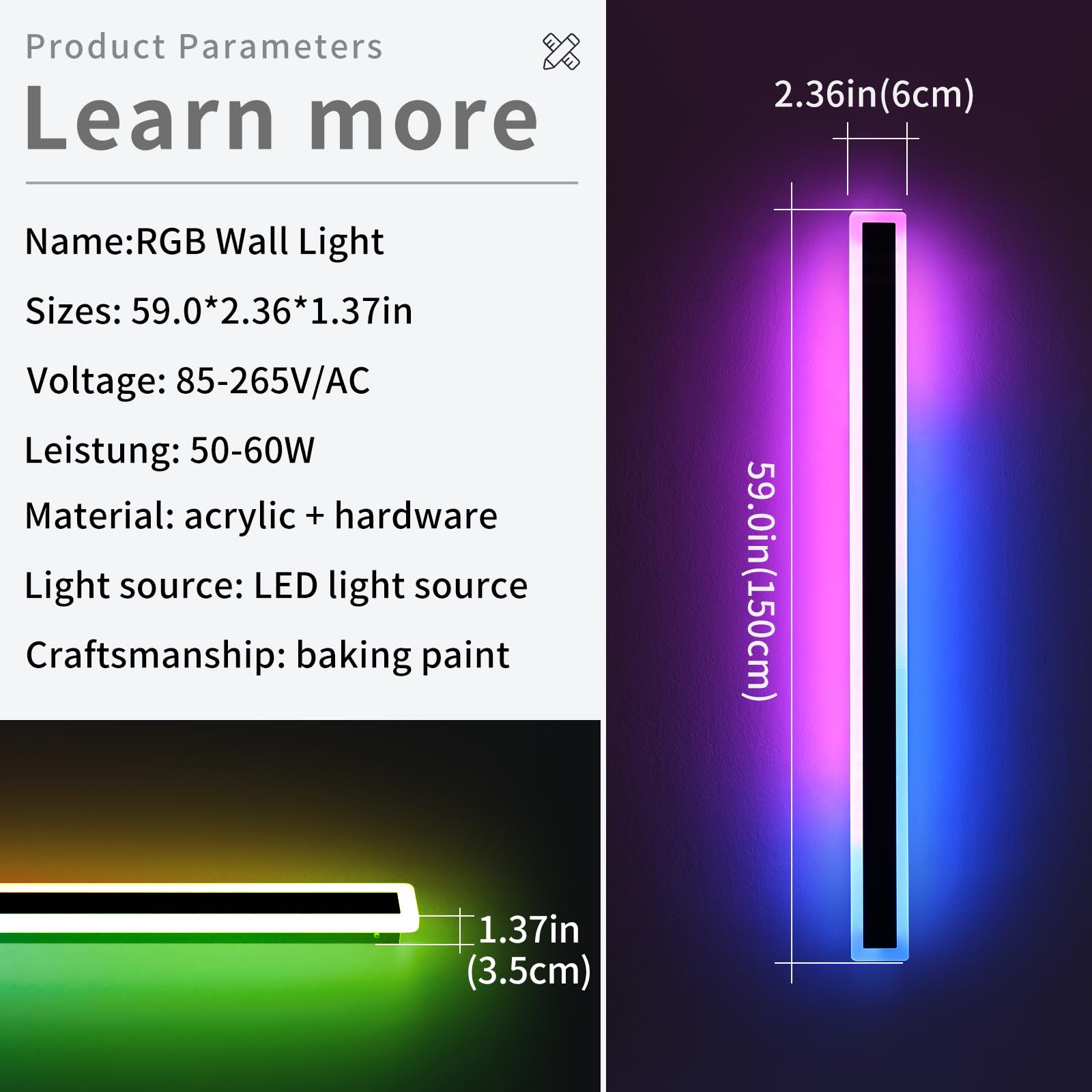 Daoseolo Modern Outdoor Wall Light - 59" RGB LED Sconce, IP65 Waterproof, Acrylic, Remote Control, Black Aluminium, 2 Pack