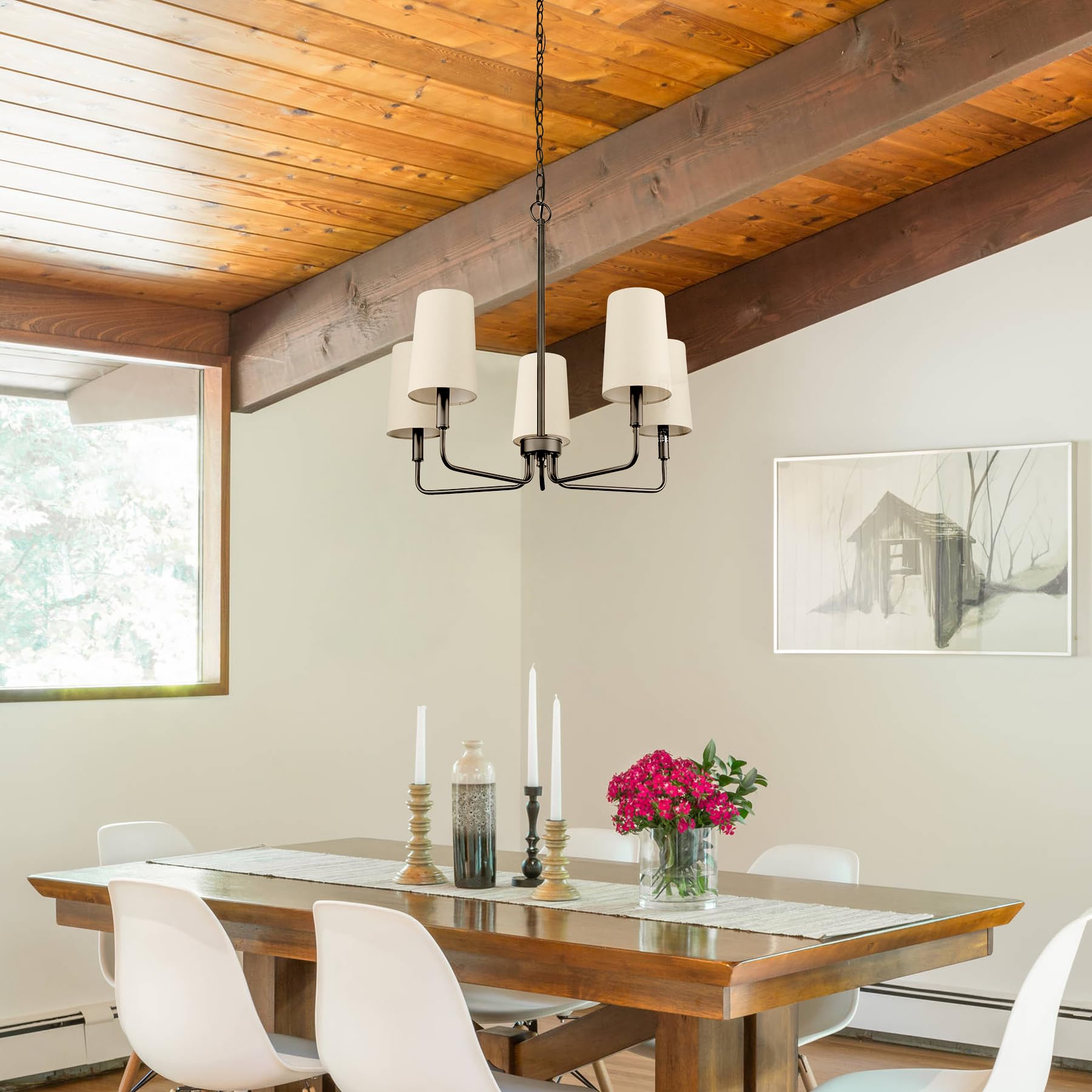 Homebelife Chandelier, Matte Black With Beige Linen Fabric Shade, Farmhouse Linear Island Lighting Fixture For Kitchen, Dining R