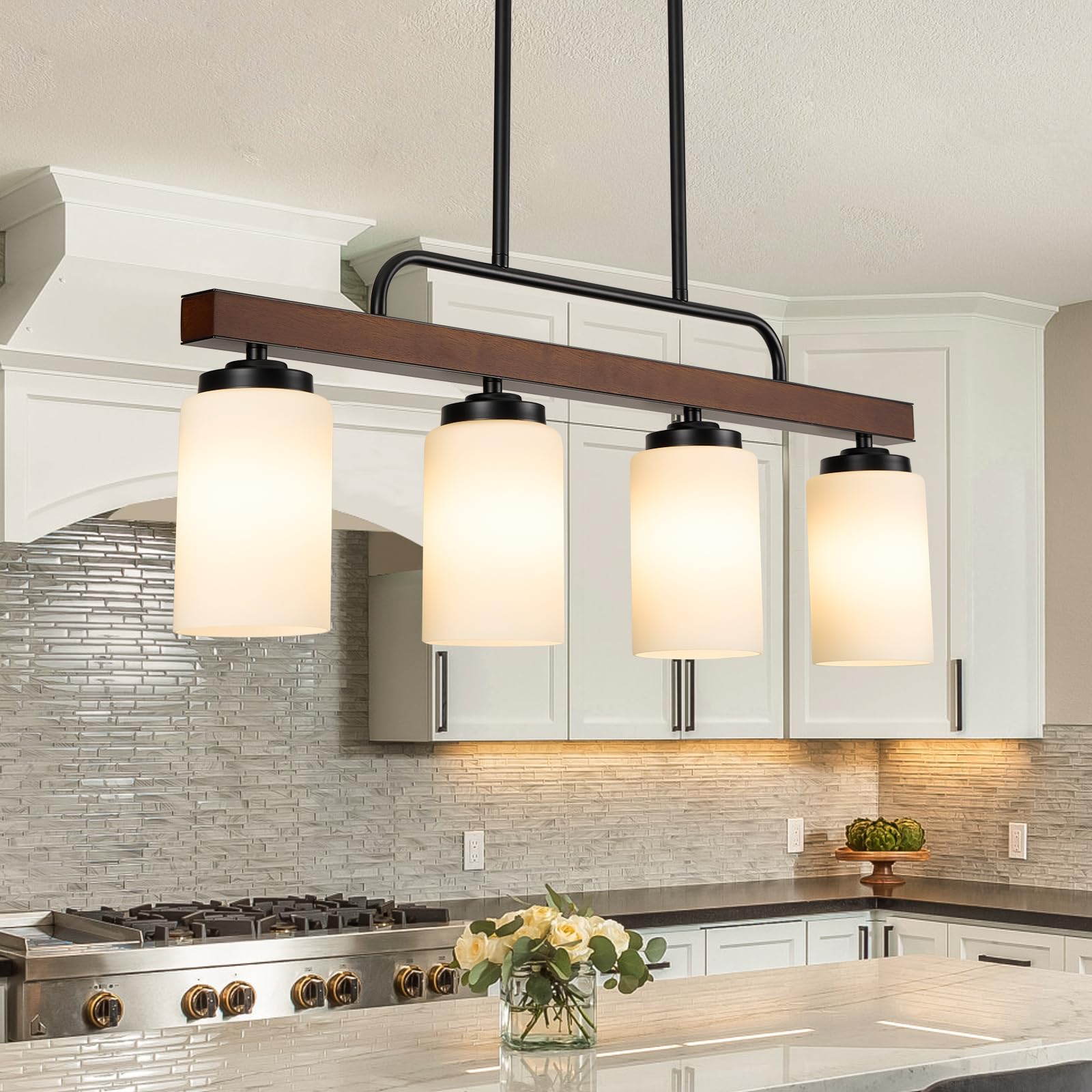 Farmhouse Dining Room Light Fixture Over Table, Black 4-Light Wood Kitchen Island Lighting with Milk White Glass, Industrial Lin