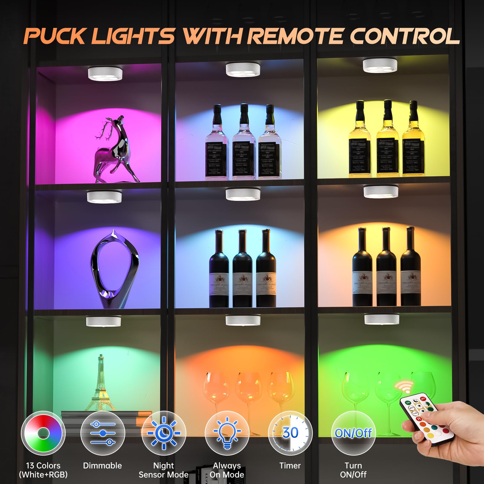 Lightbiz 6PCS Motion Sensor Puck Lights, Wireless Rechargeable, RGB Colors, Under Cabinet, 6 Pack with Stand