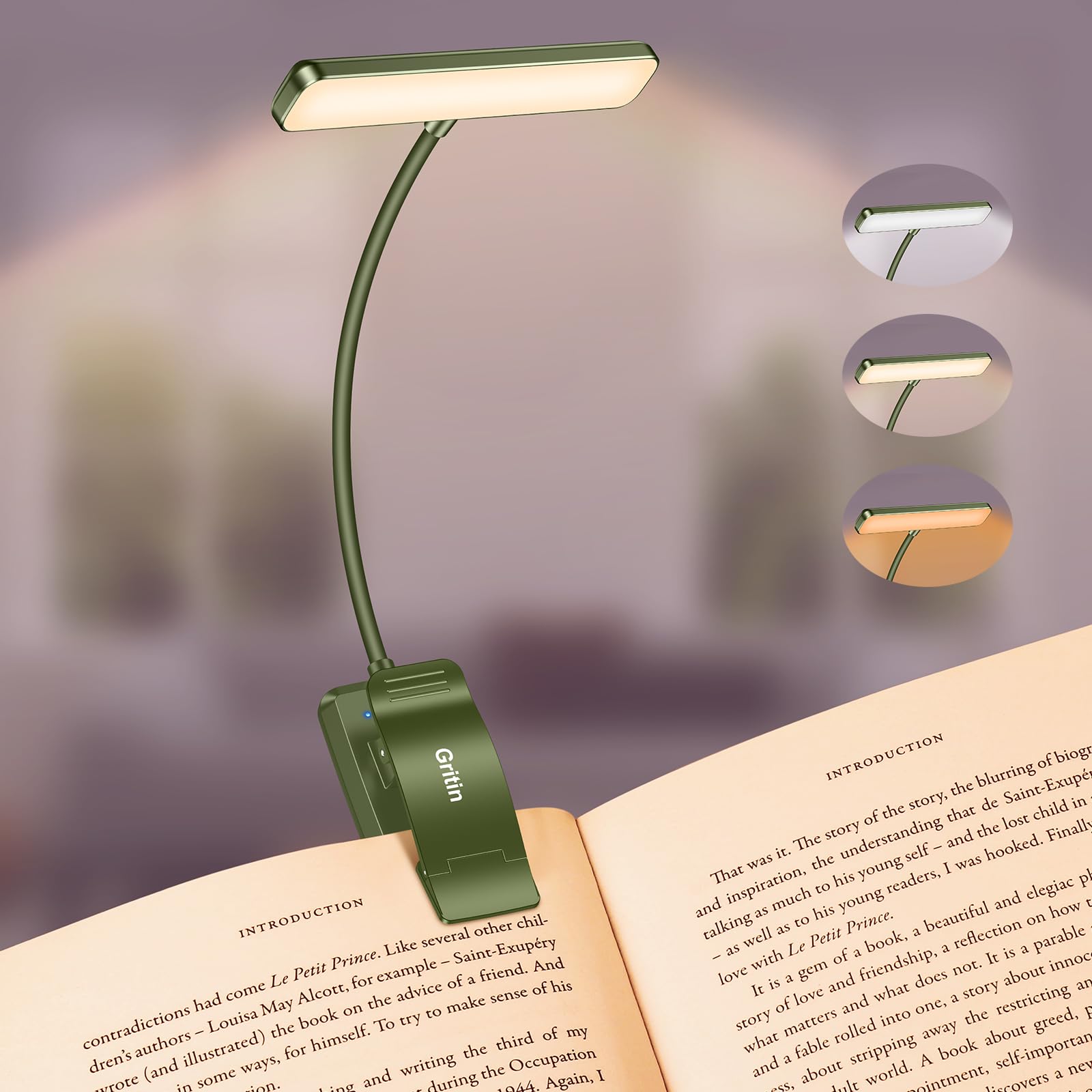 Gritin LED Rechargeable Book Light, 3 Color Temperatures, Stepless Dimming, 80 Hrs Runtime, Clip-On, Dark Green, Model G1326