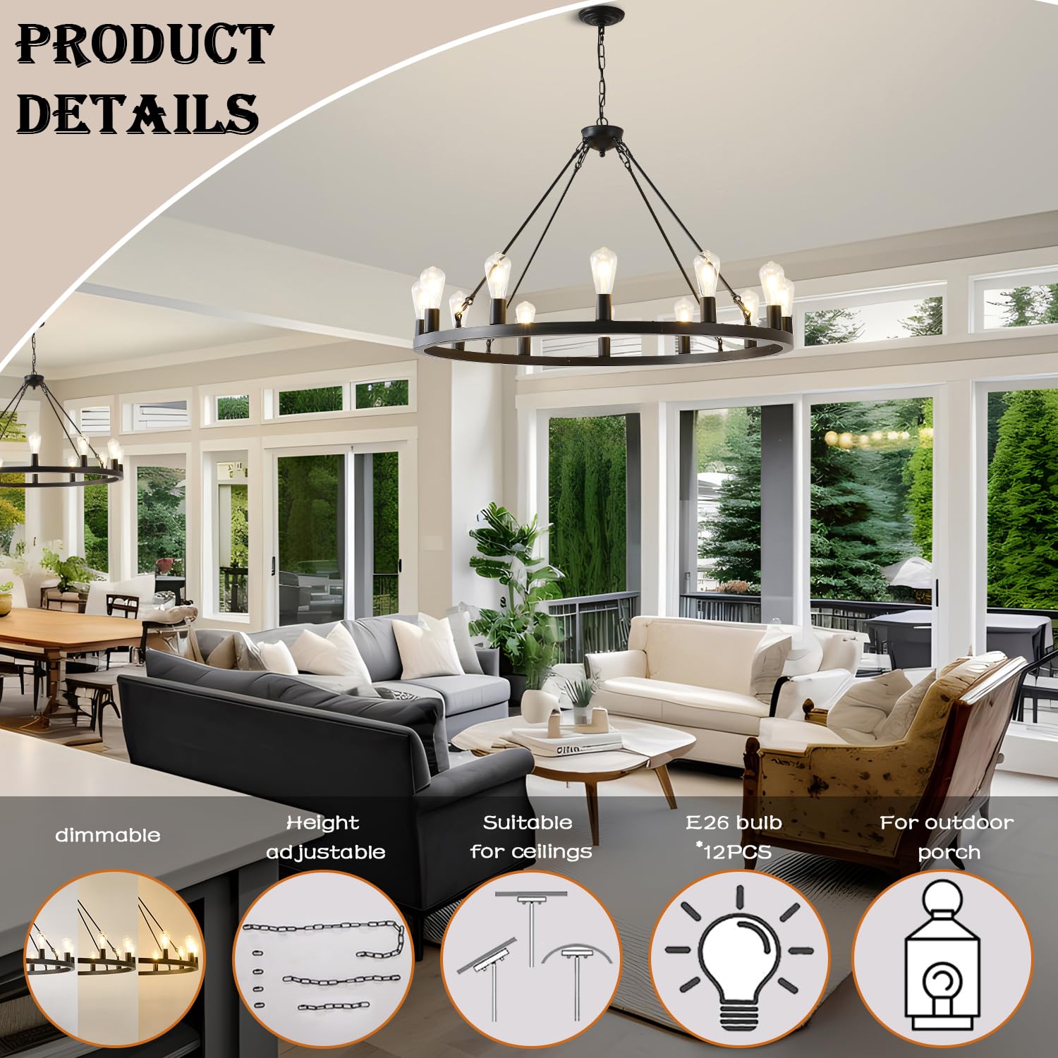 Zbmyrbzj 40    Farmhouse Wagon Wheel Chandelier,Black Rustic Chandelier 12-Lights Round Dining Room Light With Adjustable Height