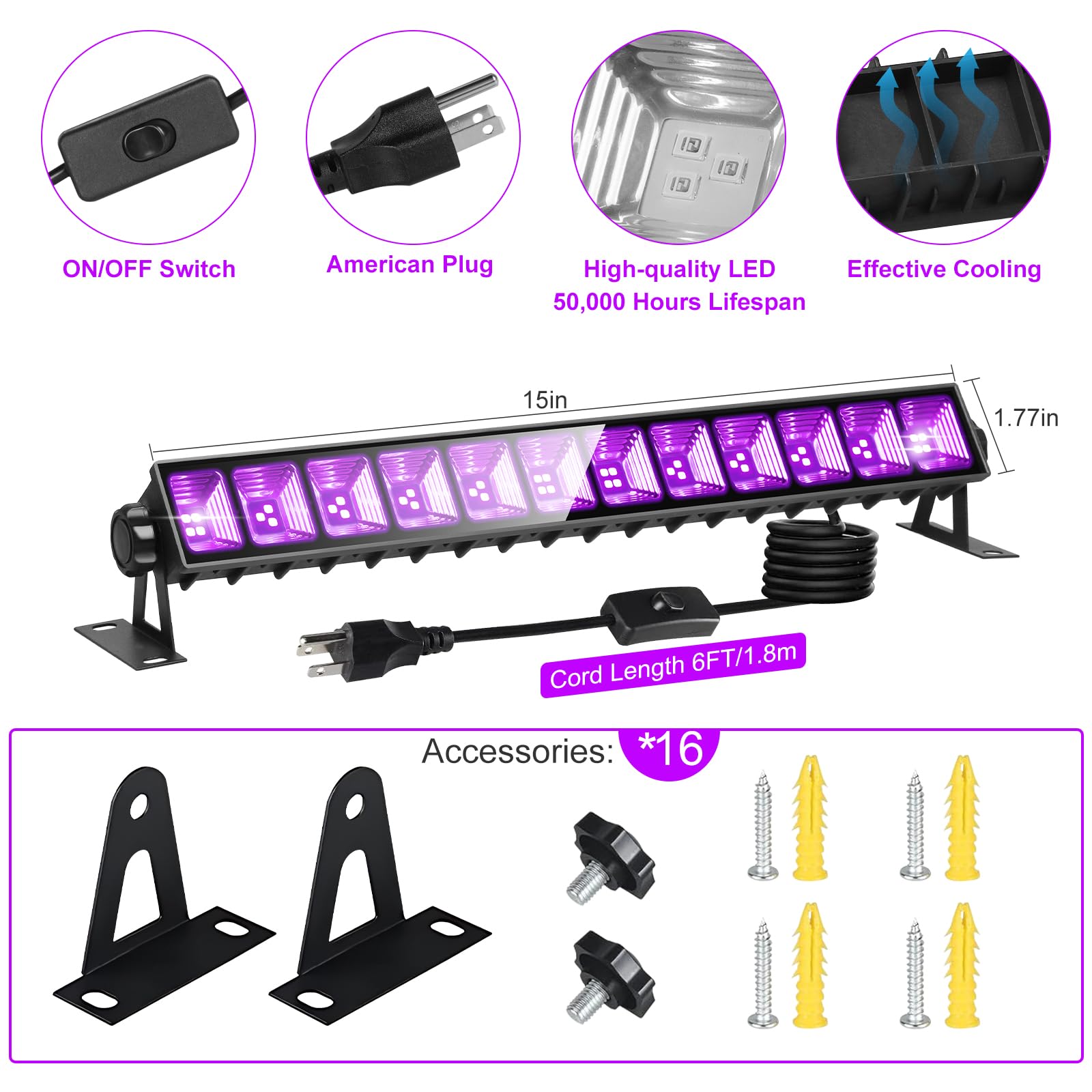 YIAYETOG 16 Pack 40W LED Black Light Bar with Switch, 6ft Cord, Black, Model GPE40W-16P-02 for Parties & Stage Lighting