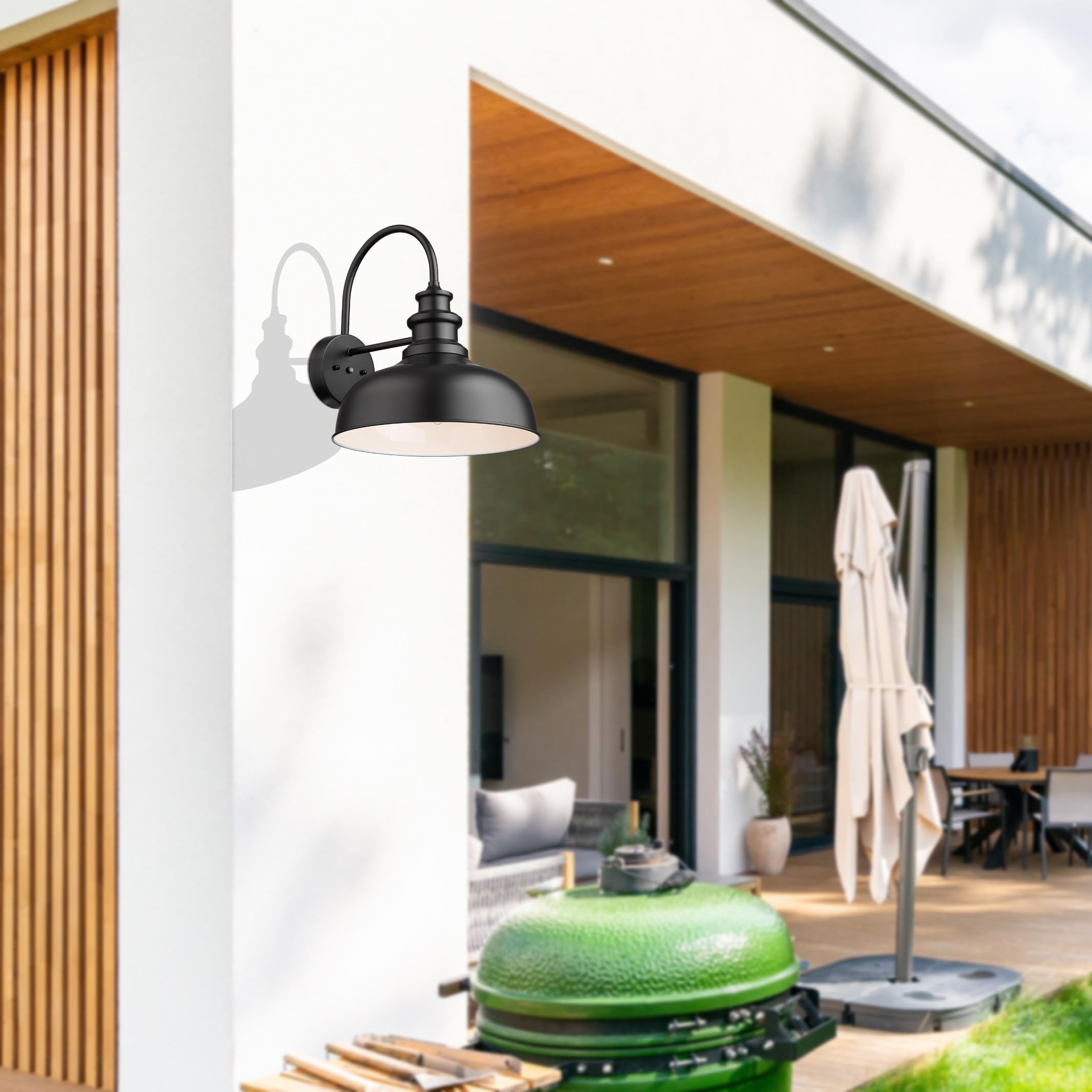 Bestshared Gooseneck Barn Light Outdoor Wall Sconce 14” Dome Black+White Metal DDV260-14M-BS