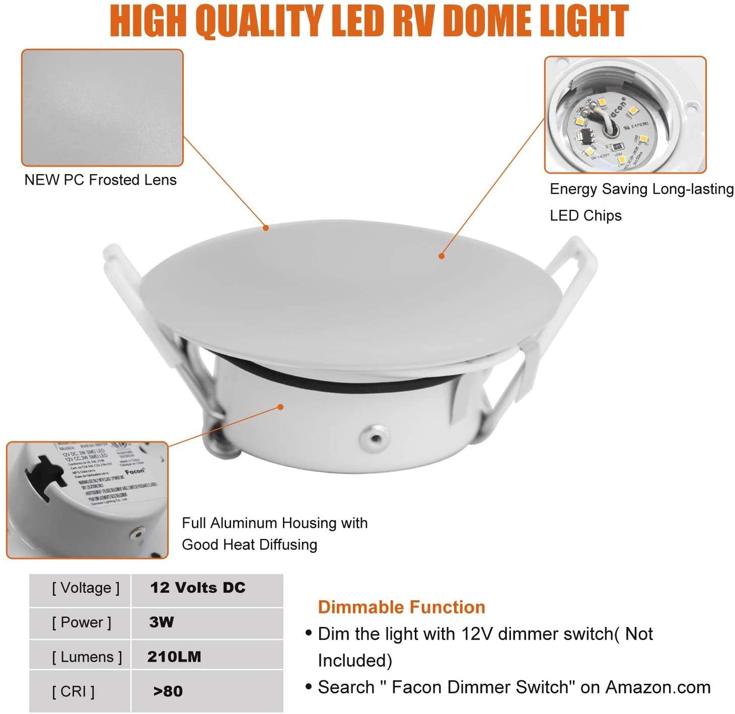 Facon 3 Inch LED Puck Light, 12V RV Ceiling Light, 4000K Cool White, Aluminum, Pack of 2