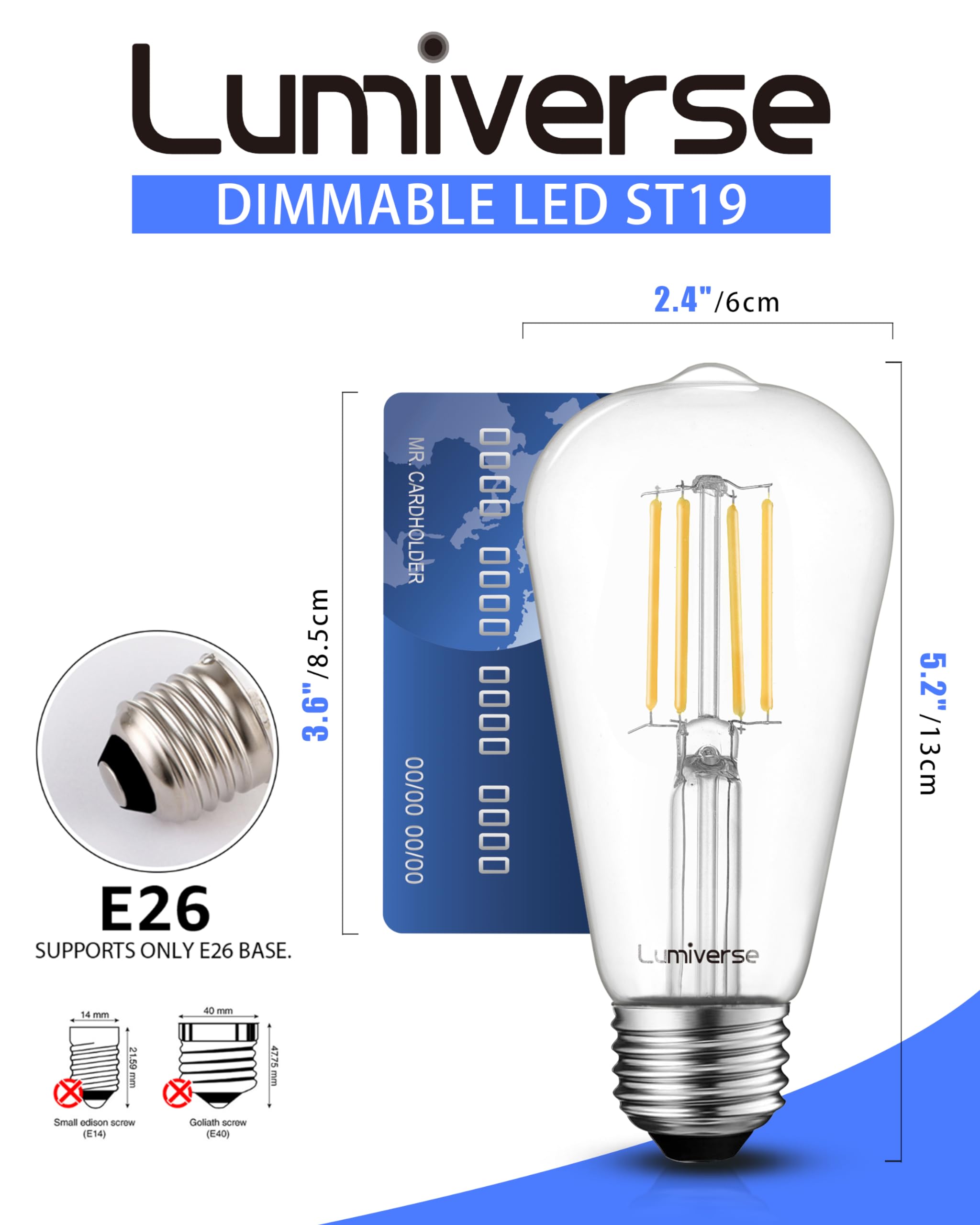 Lumiverse Vintage LED Edison Bulbs, 5.5W Dimmable, 4000K Cool White, E26 Base, Glass, 6 Pack